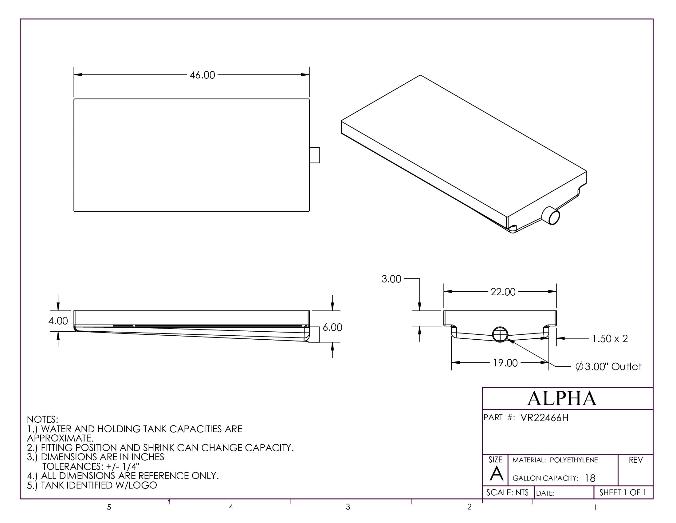 Alpha - 18 Gallons Holding Tank - 46" x 22" x 6" - VR22466HBLANK