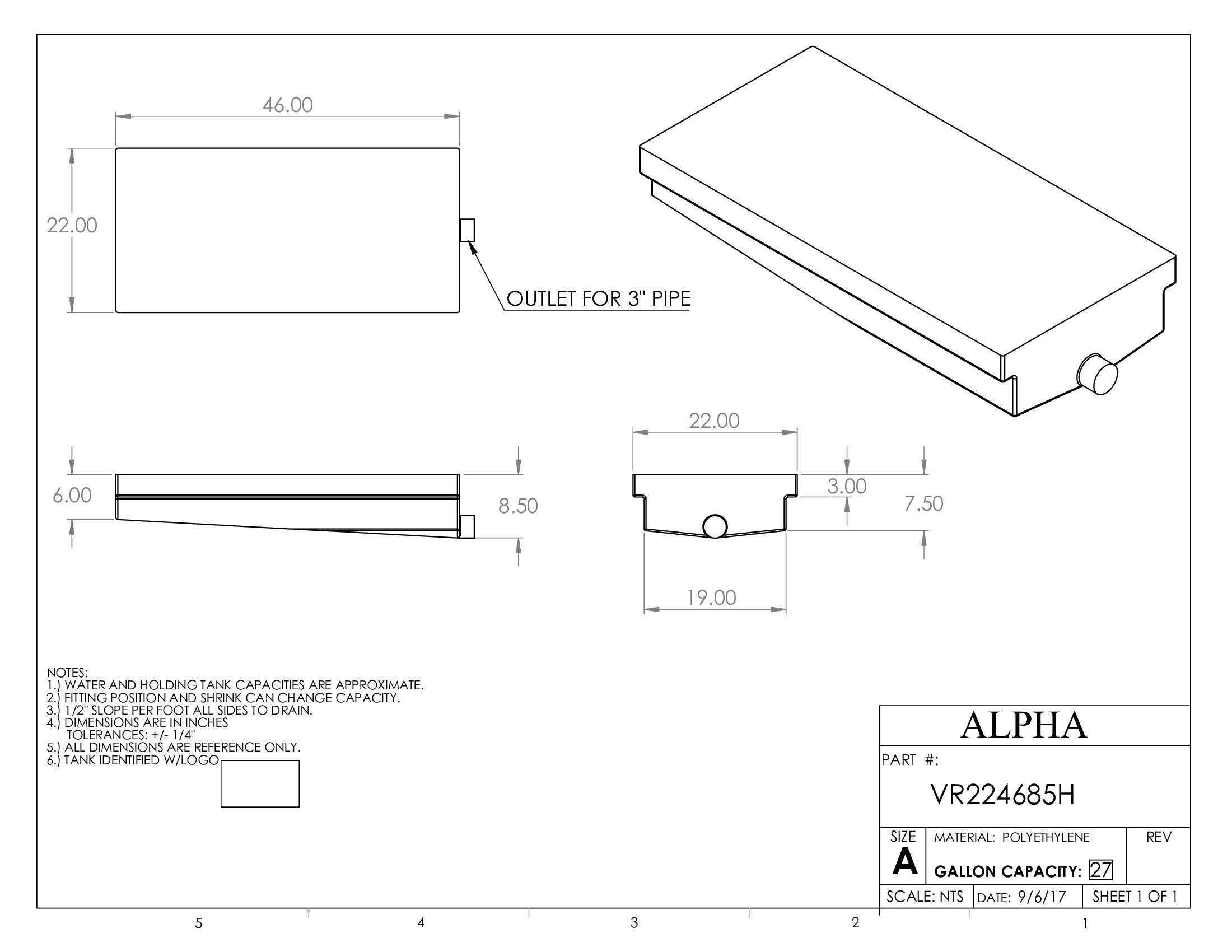 Alpha - 27 Gallons Holding Tank - 46" x 22" x 8 1/2" - VR224685HBLANK