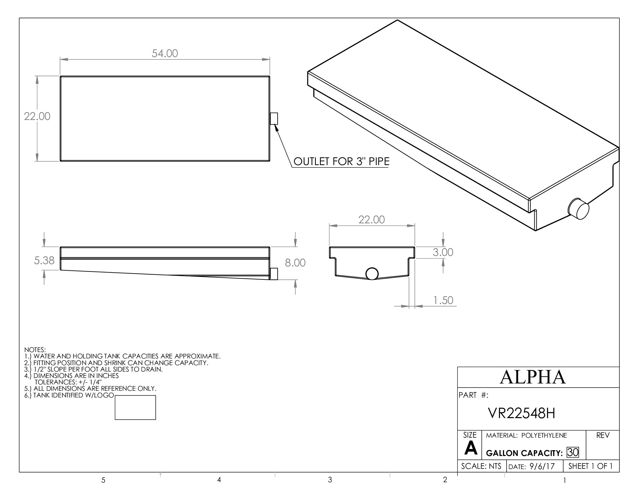 Alpha - 30 Gallons Holding Tank - 54" x 22" x 8 1/2" - VR22548HBLANK