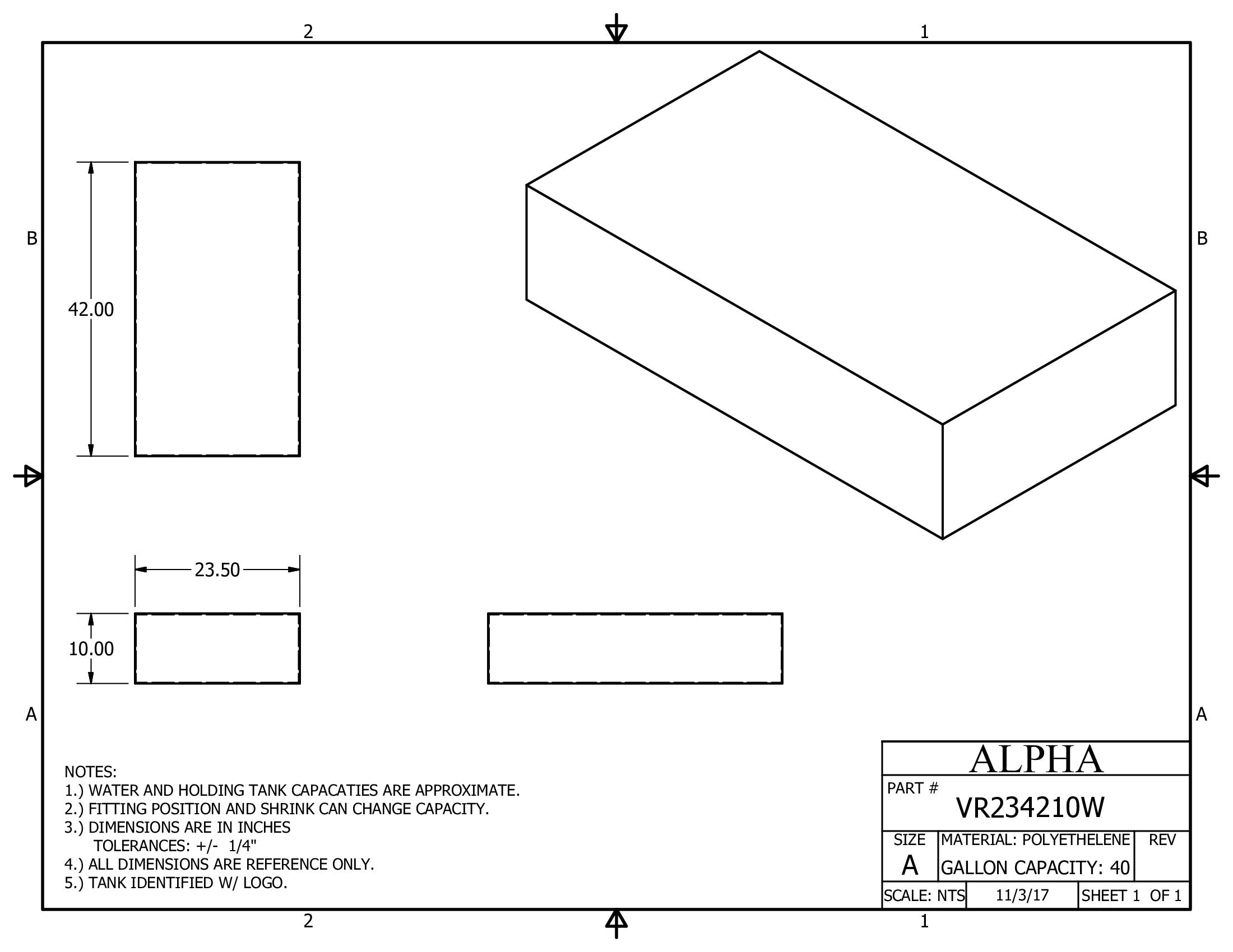 Alpha - 40 Gallons Fresh Water Tank - 42" x 23 1/2" x 10" - VR234210WBLANK