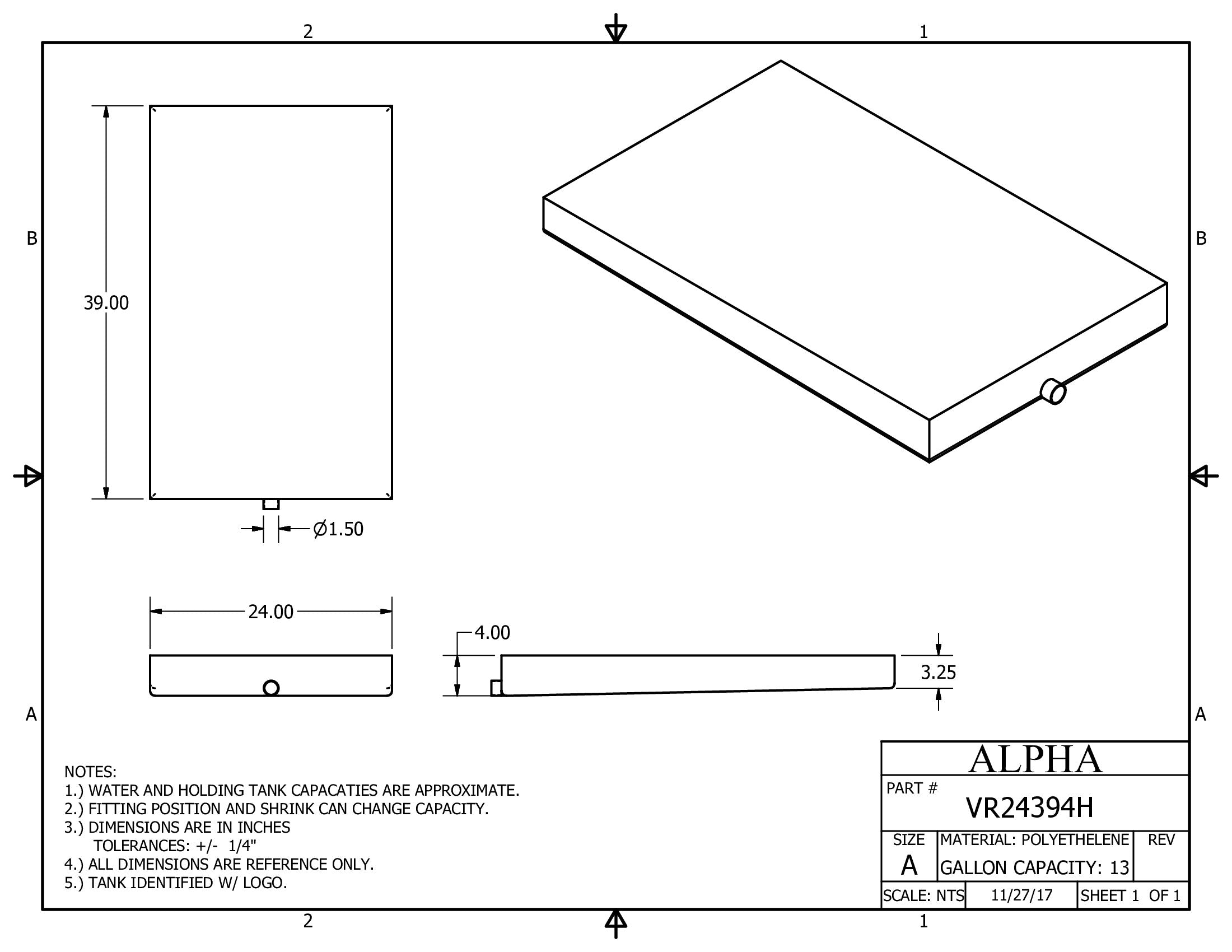 Alpha - 13 Gallons Holding Tank - 39" x 24" x 4" - VR24394HBLANK