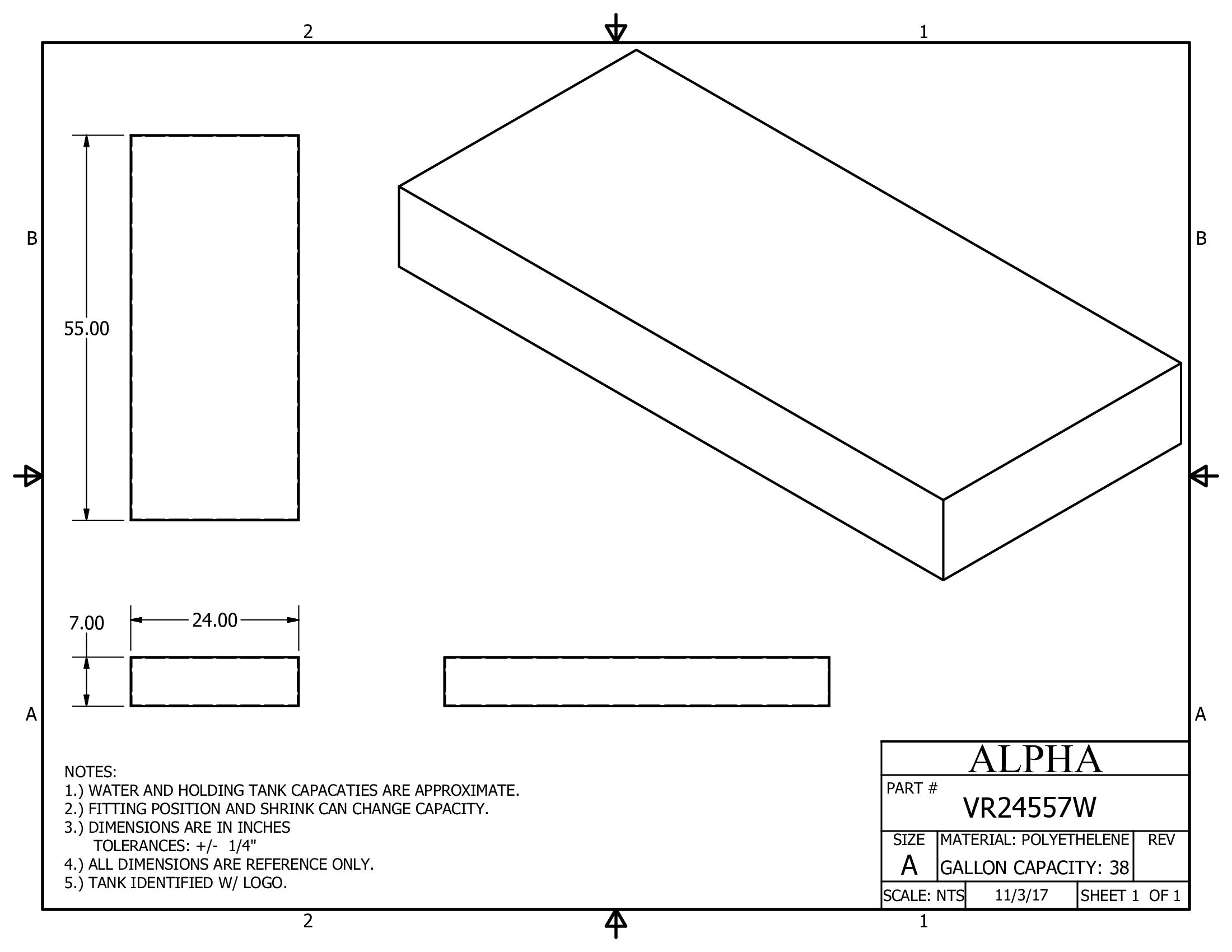 Alpha - 47 Gallons Fresh Water Tank - 55" x 24" x 11" - VR245587WBLANK