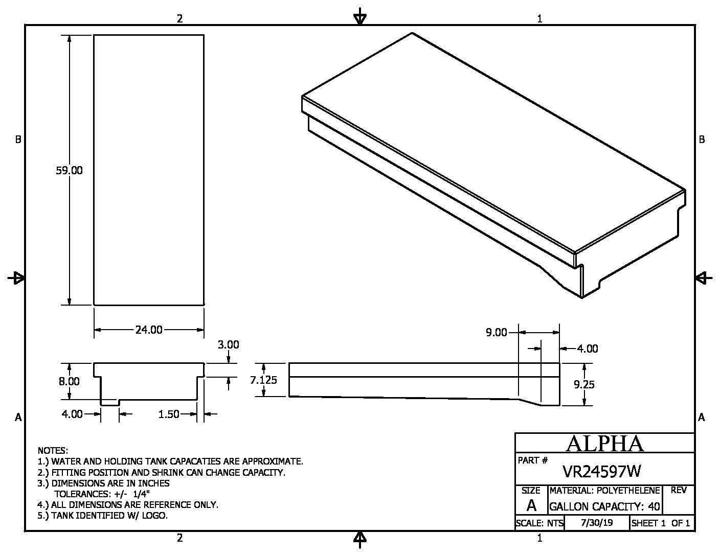 Alpha - 40 Gallons Fresh Water Tank - 59" x 24" x 9 1/4" * - VR24597WBLANK