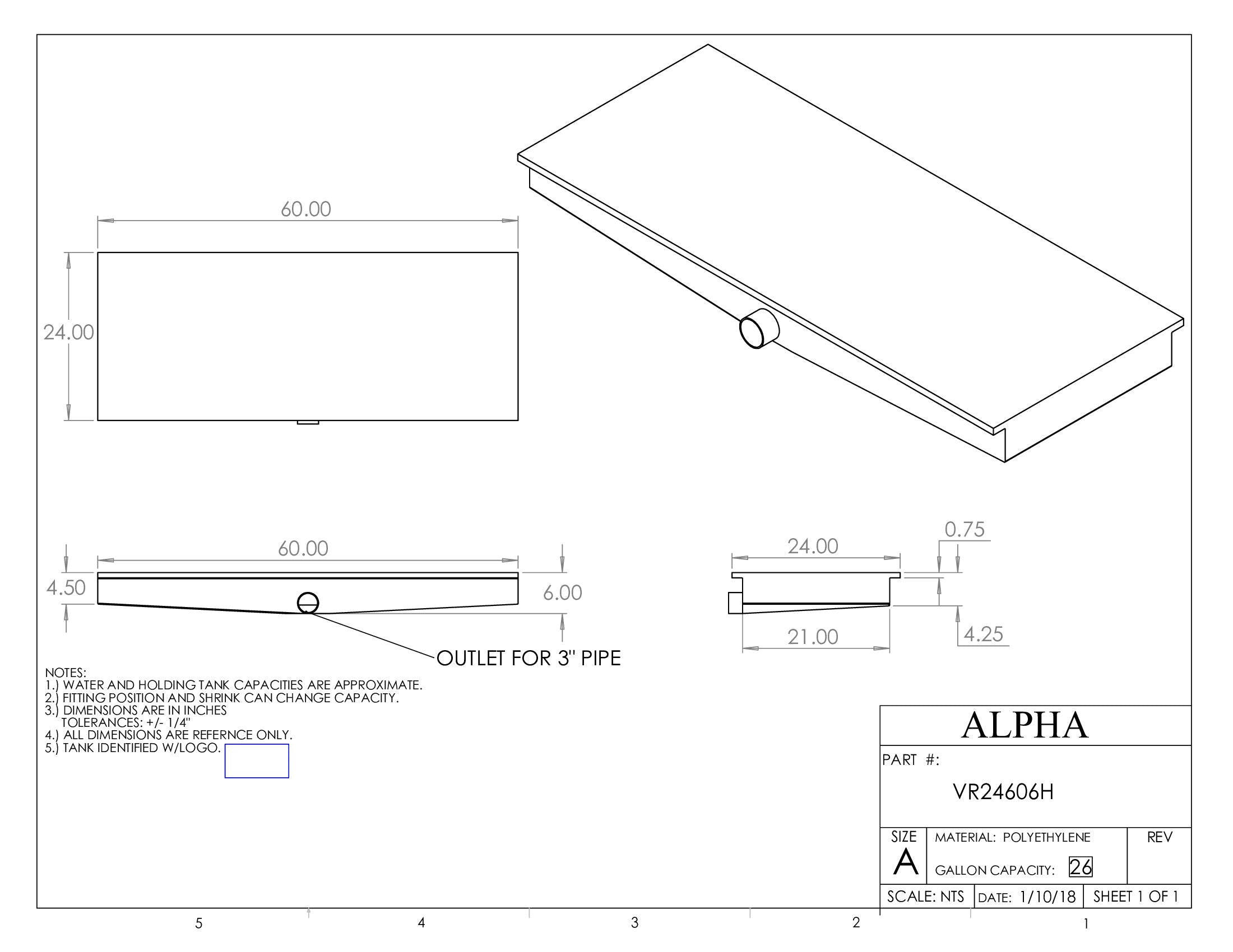 Alpha - 22.5 Gallons Holding Tank - 60" x 24" x 6" - VR24606HBLANK