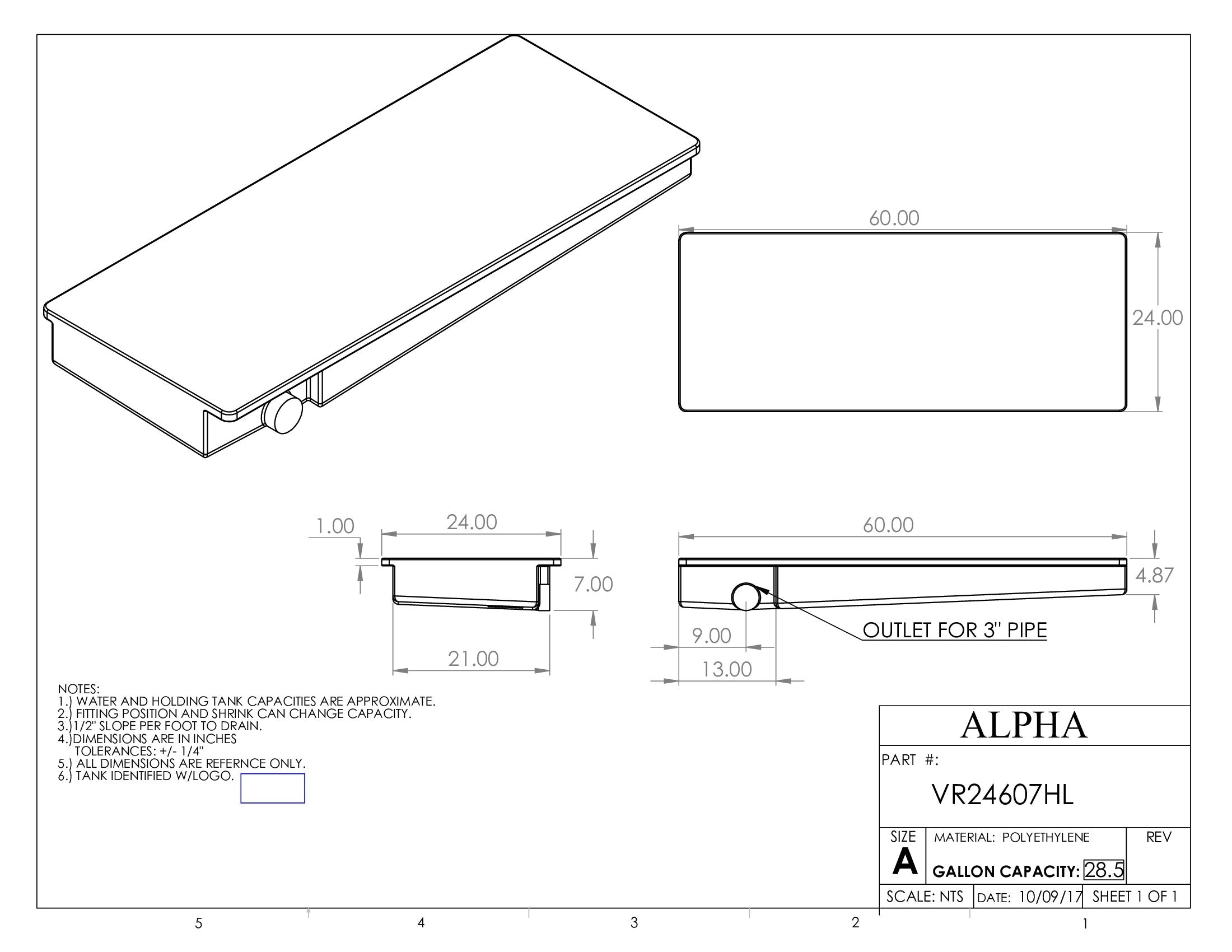 Alpha - 28.5 Gallons Holding Tank - 60" x 24" x 7" - VR24607HLBLANK