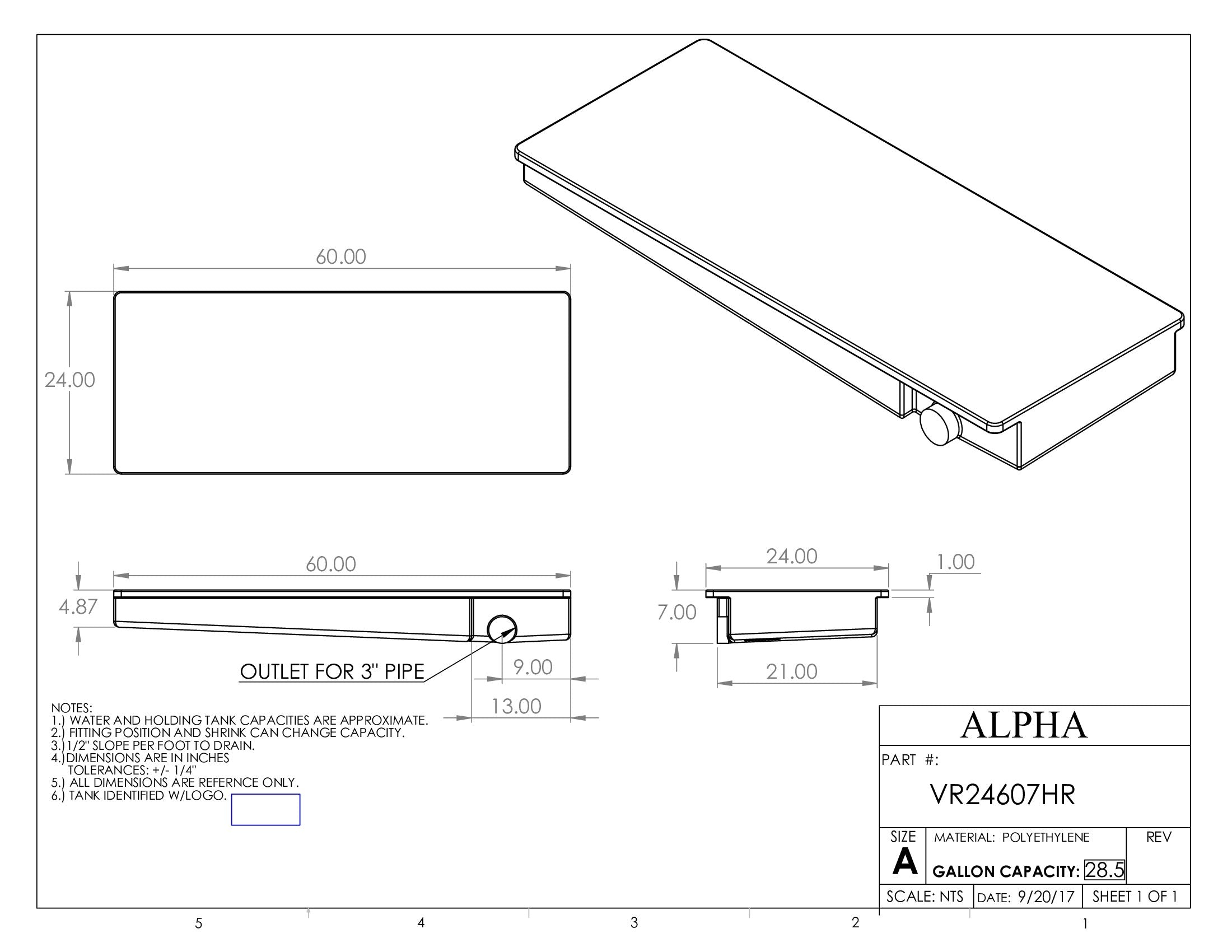 Alpha - 28.5 Gallons Holding Tank - 60" x 24" x 7" - VR24607HRBLANK