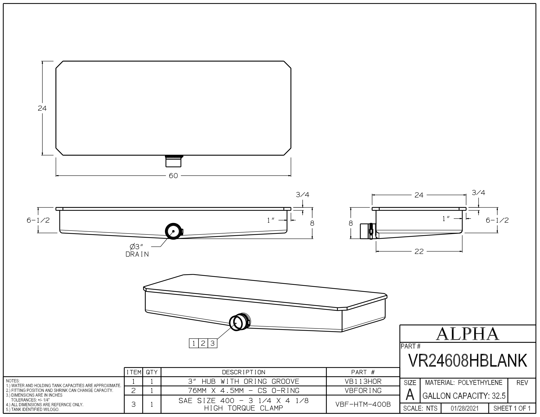 Alpha - 32.5 Gallons Holding Tank - 60" x 24" x 8" - VR24608HBLANK