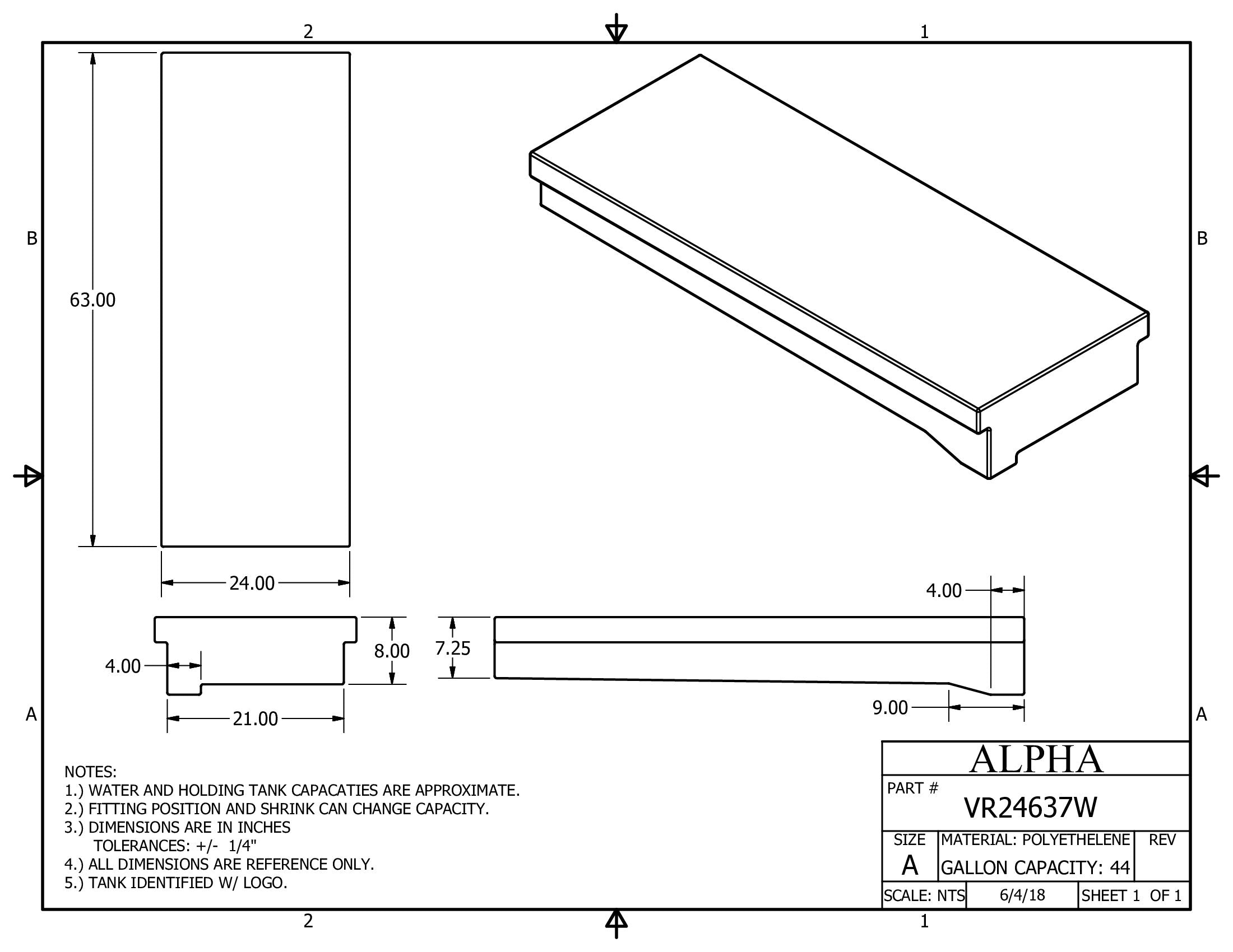 Alpha - 44 Gallons Fresh Water Tank - 63" x 24" x 9 1/4" * - VR24637WBLANK