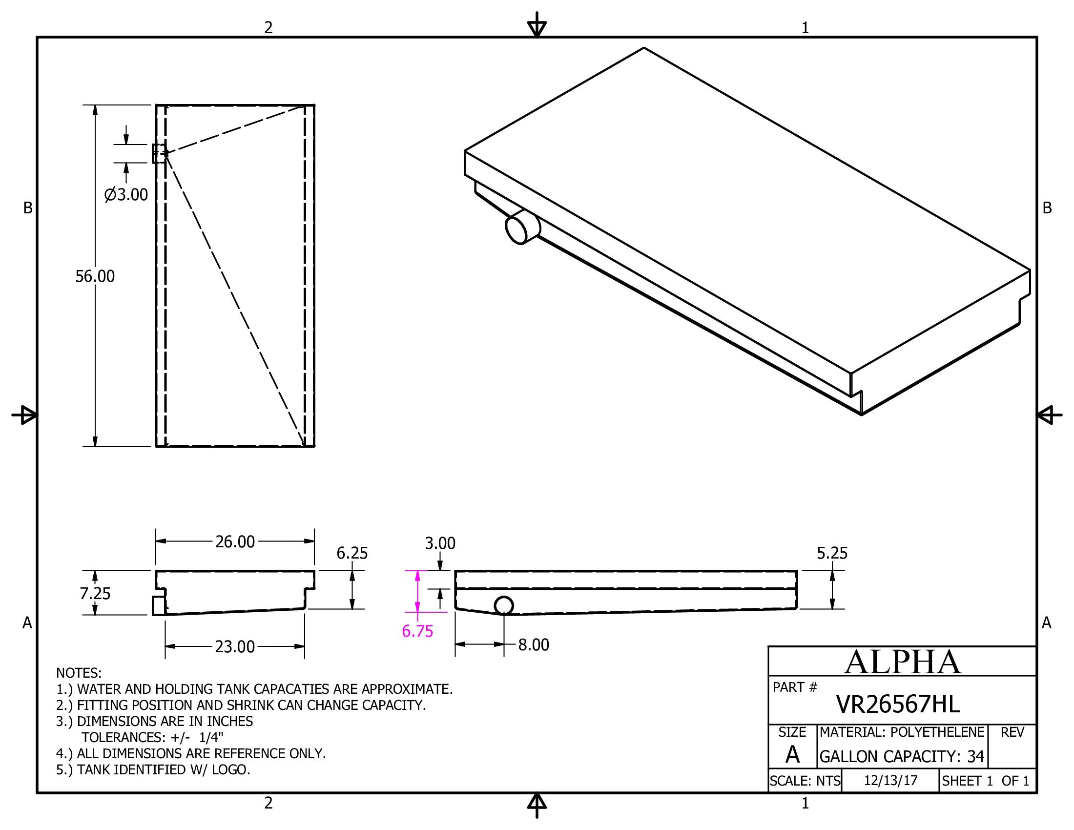 Alpha - 34 Gallons Holding Tank - 56" x 26" x 7 1/4" - VR26567HLBLANK