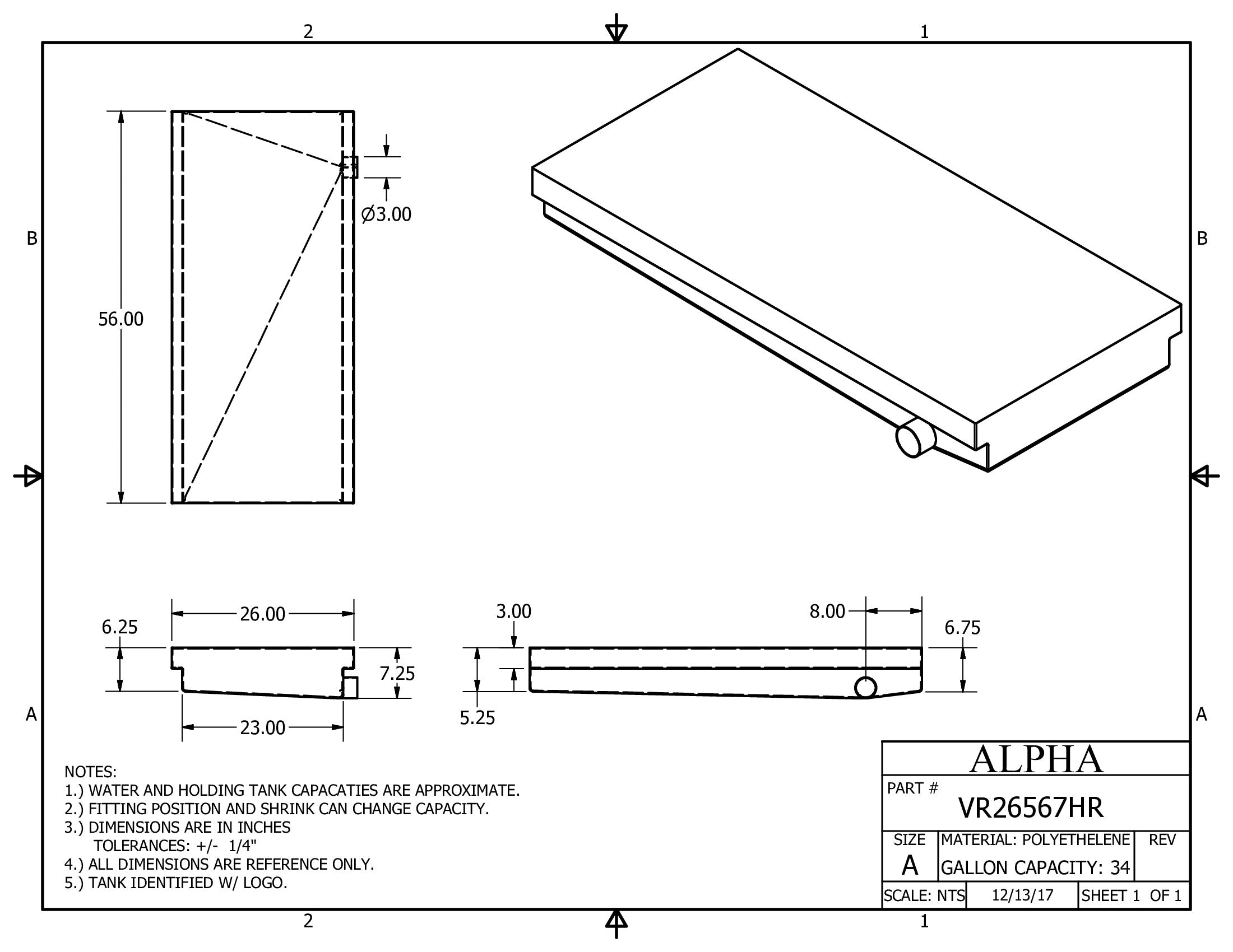 Alpha - 34 Gallons Holding Tank - 56" x 26" x 7 1/4" - VR26567HRBLANK