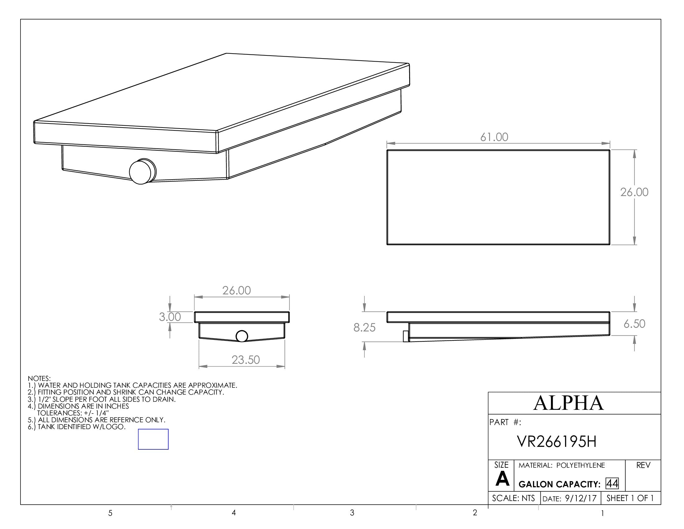 Alpha - 44 Gallons Holding Tank - 61" x 26" x 9" - VR266195HBLANK