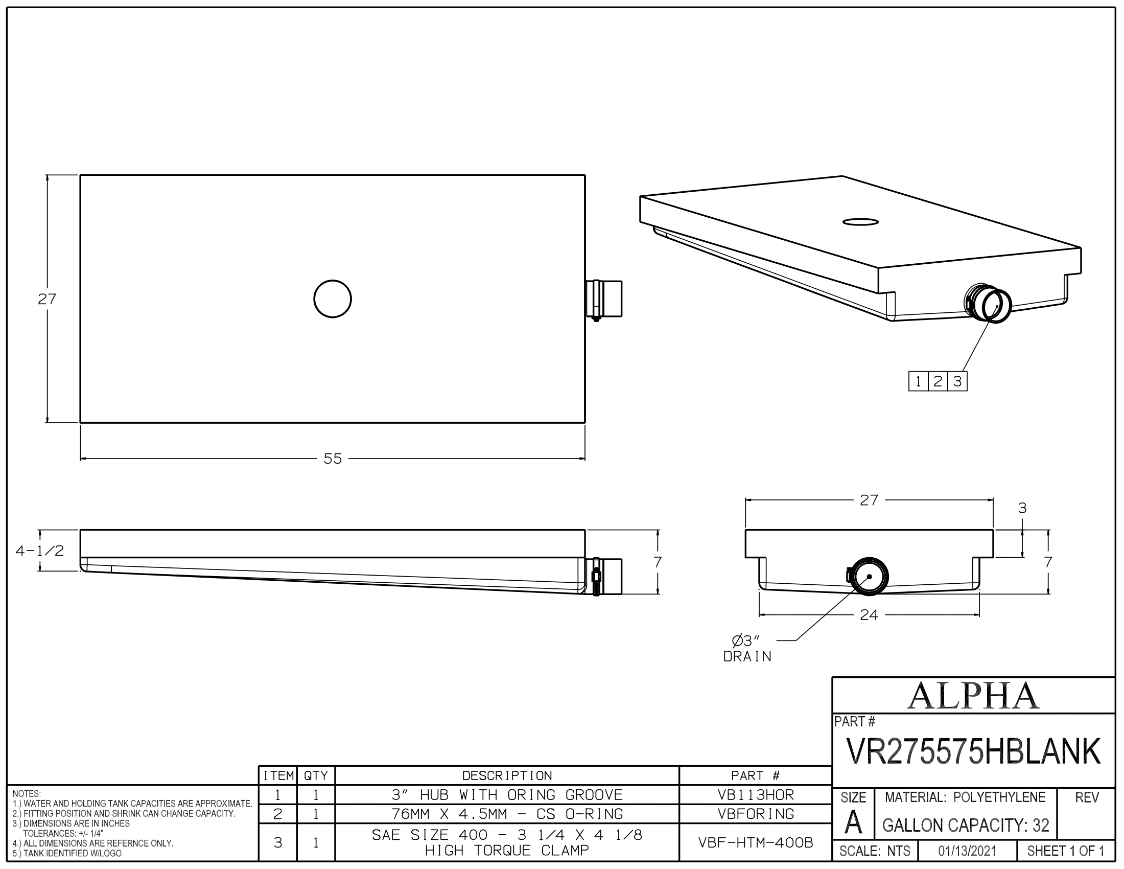 Alpha - 32 Gallons Fresh Water Holding Tank - 55" x 27" x 7" - Blank Tank - VR275575HBLANK