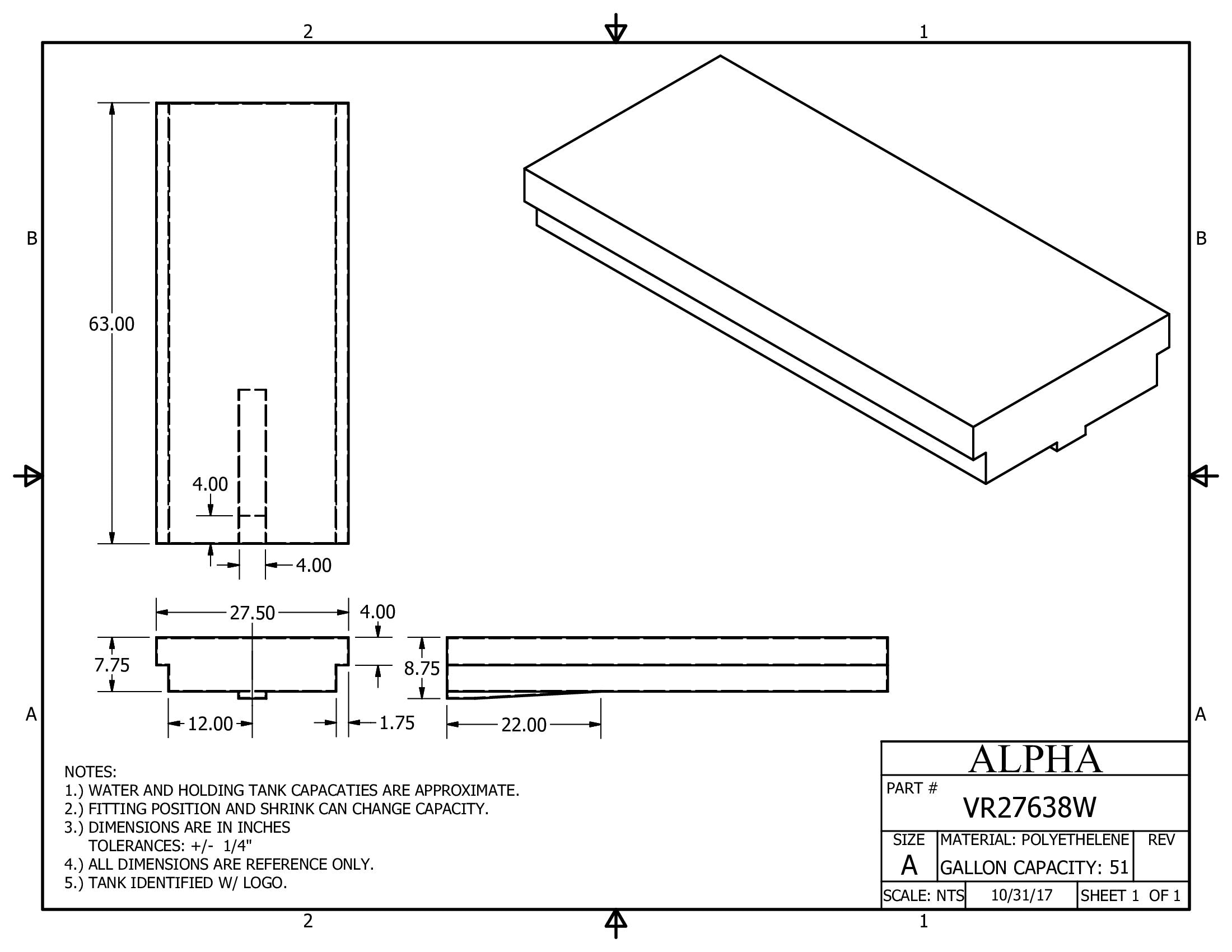 Alpha - 52 Gallons Fresh Water Tank - 63" x 27 1/2" x 8 3/4" * - VR27638WBLANK