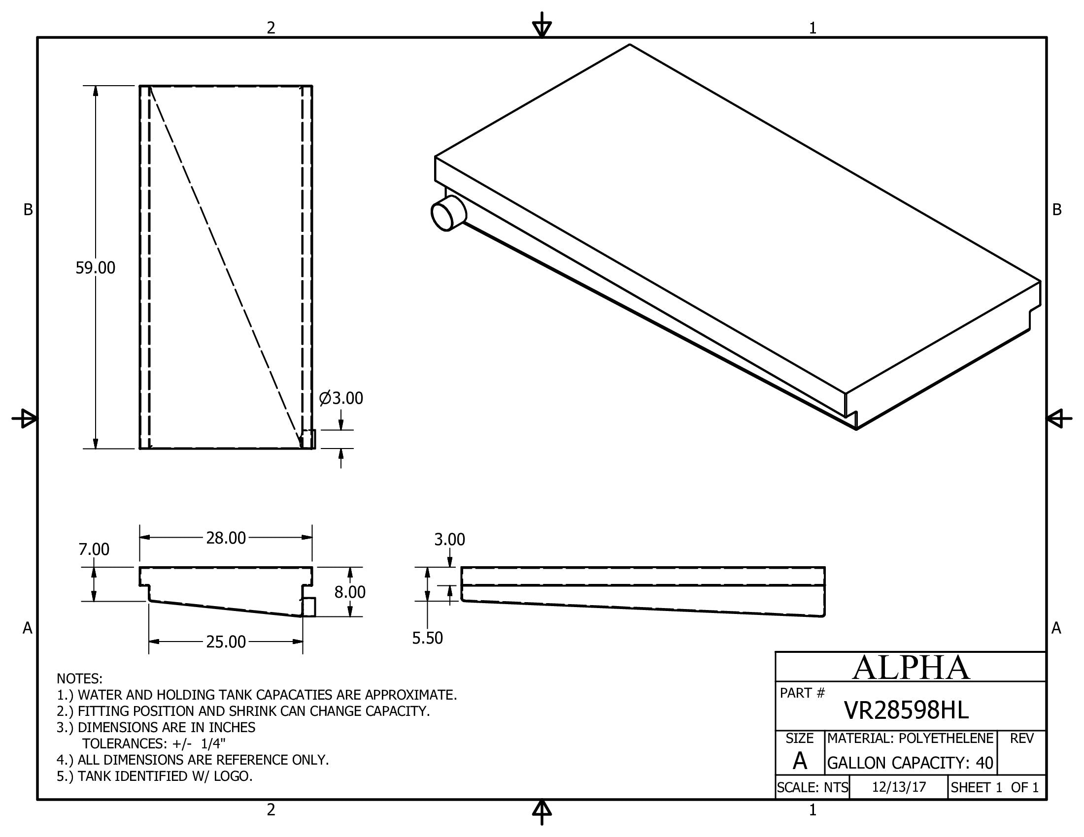 Alpha - 40 Gallons Holding Tank - 59" x 28" x 8" - VR28598HLBLANK
