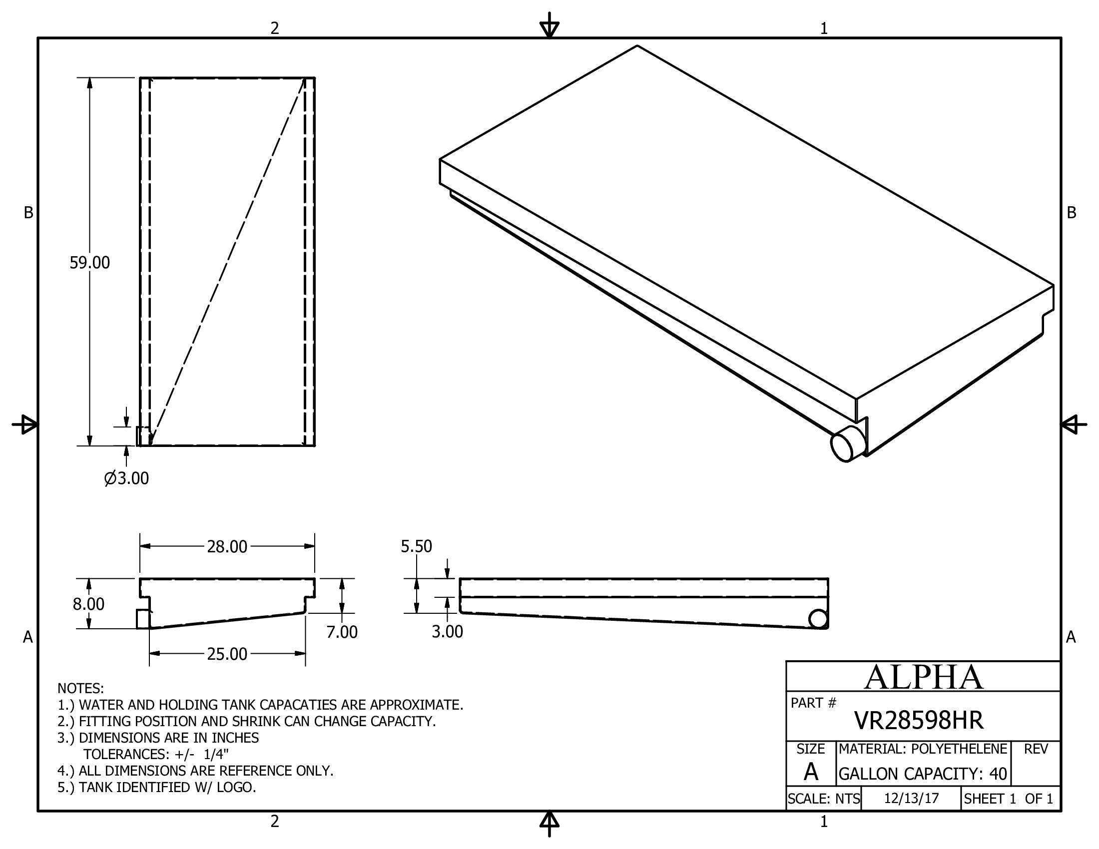 Alpha - 40 Gallons Holding Tank - 59" x 28" x 8" - VR28598HRBLANK