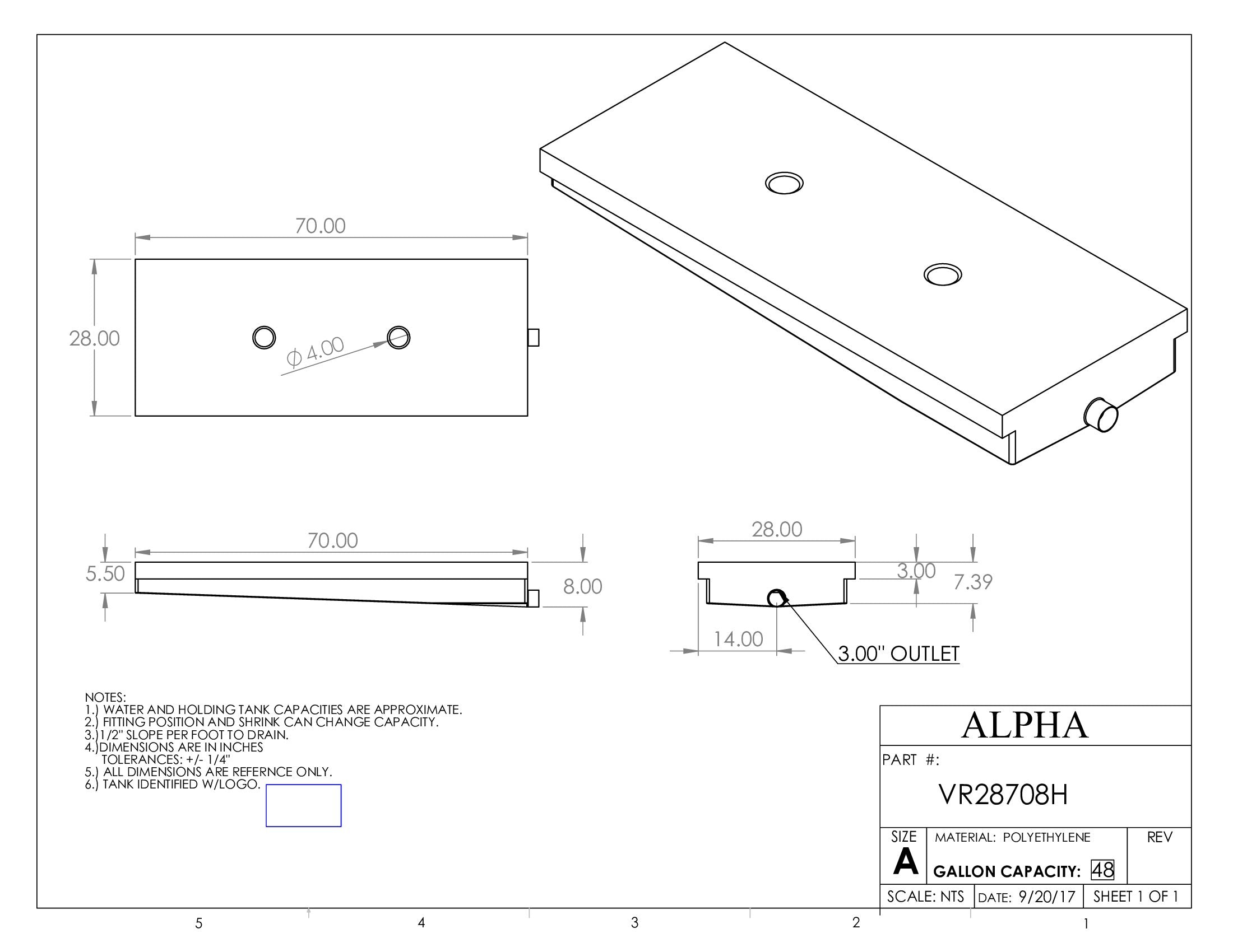Alpha - 48 Gallons Holding Tank - 70" x 28" x 8" - VR28708HBLANK
