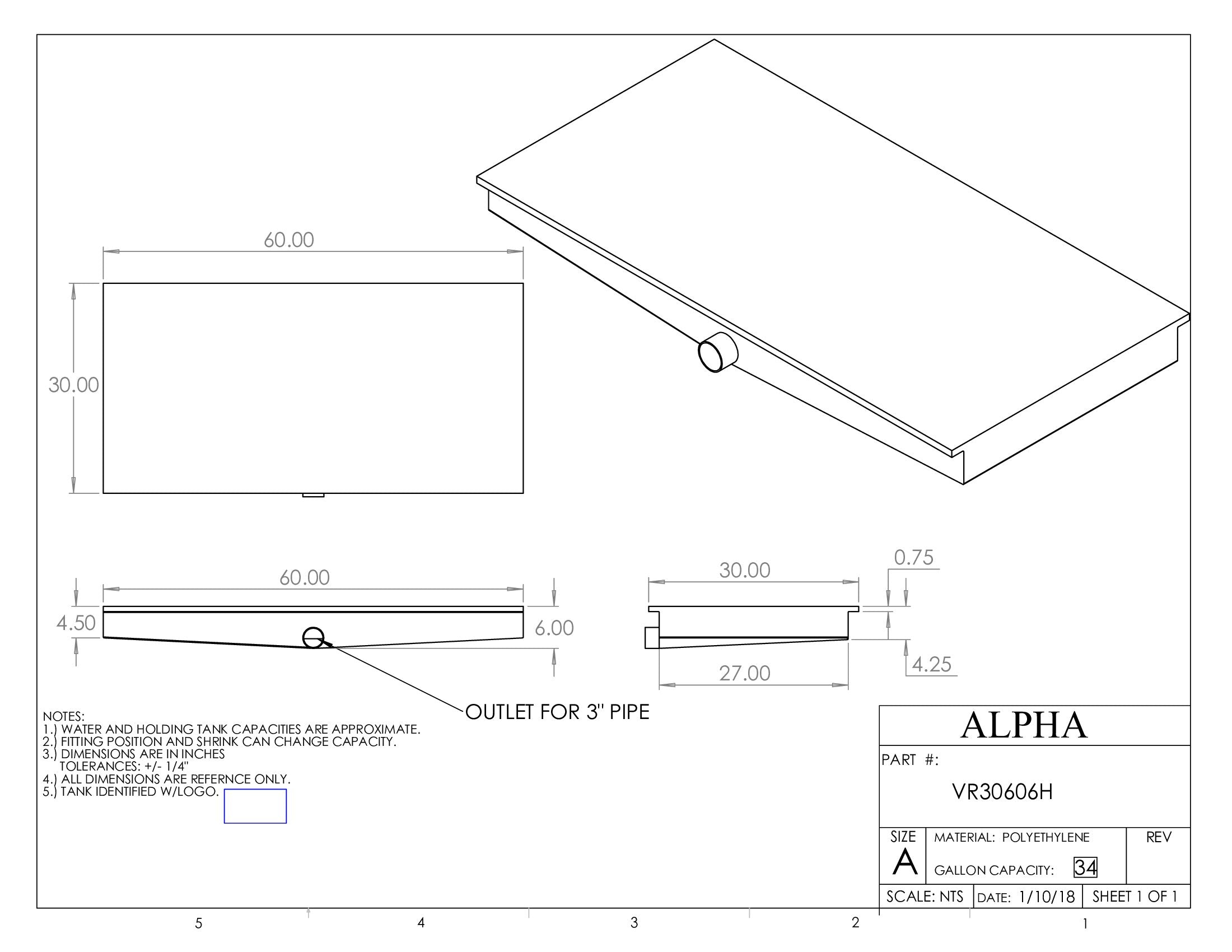 Alpha - 30.5 Gallons Holding Tank - 60" x 30" x 6 5/8" - VR30606HBLANK