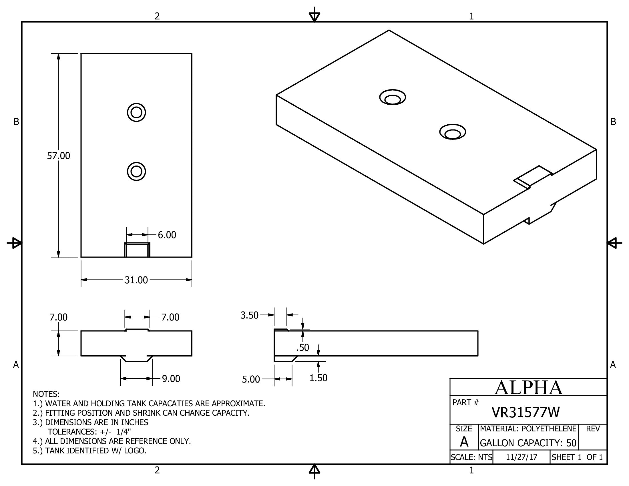 Alpha - 50 Gallons Fresh Water Tank - 57" x 31" x 9" * - VR31577WBLANK