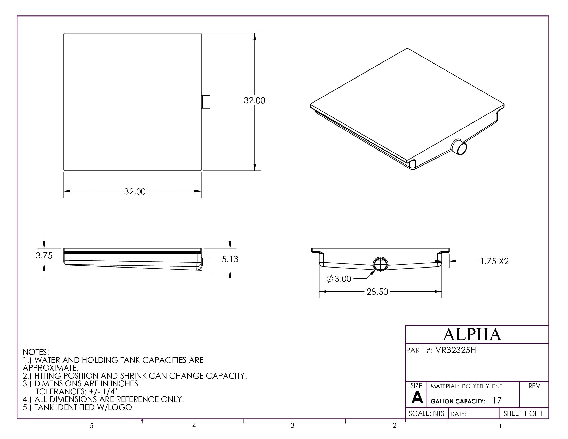 Alpha - 15 Gallons Holding Tank - 32" x 32" x 5 1/8" - VR32325HBLANK