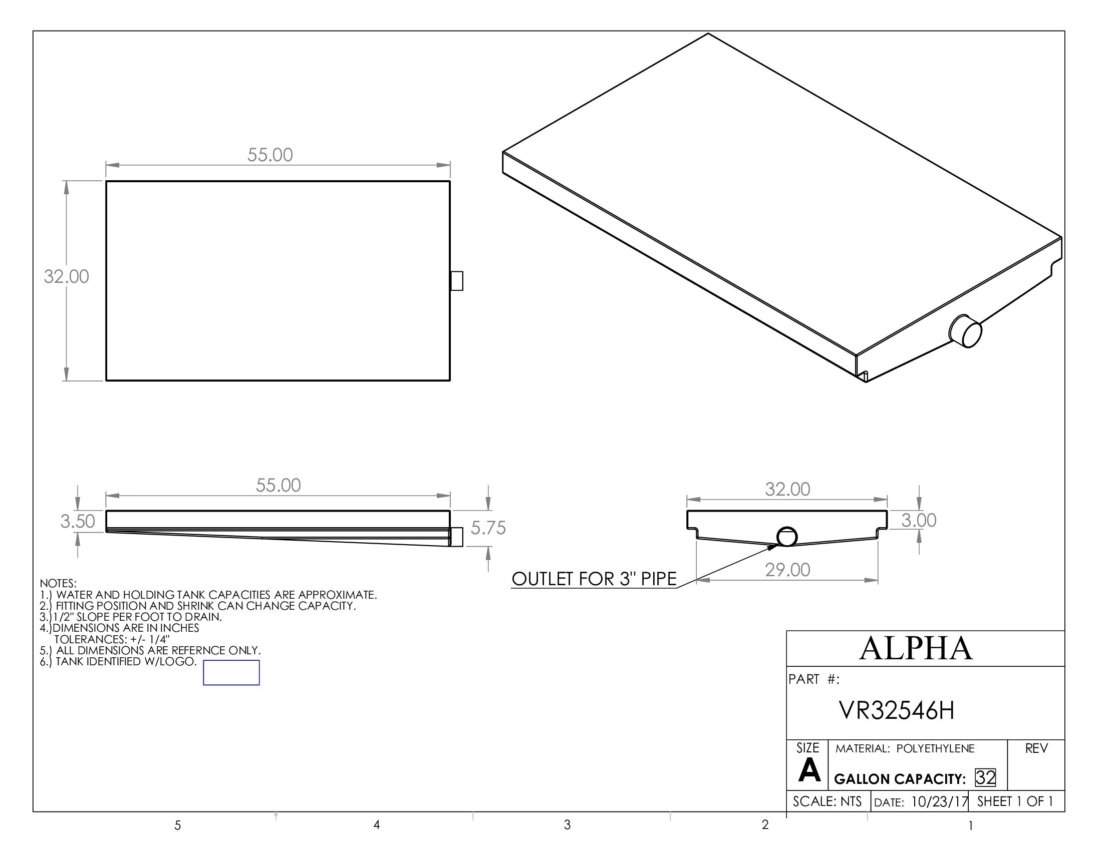Alpha - 32 Gallons Holding Tank - 55" x 32" x 5 3/4" - VR32546HBLANK