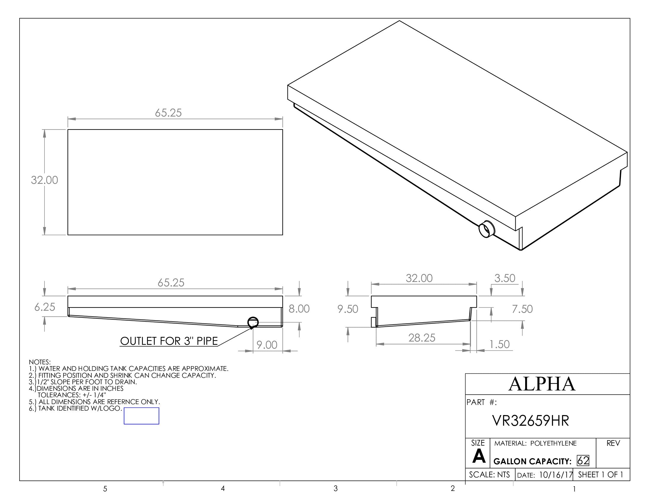 Alpha - 62 Gallons Holding Tank - 65 1/4" x 32" x 9 1/2" - VR32659HRBLANK
