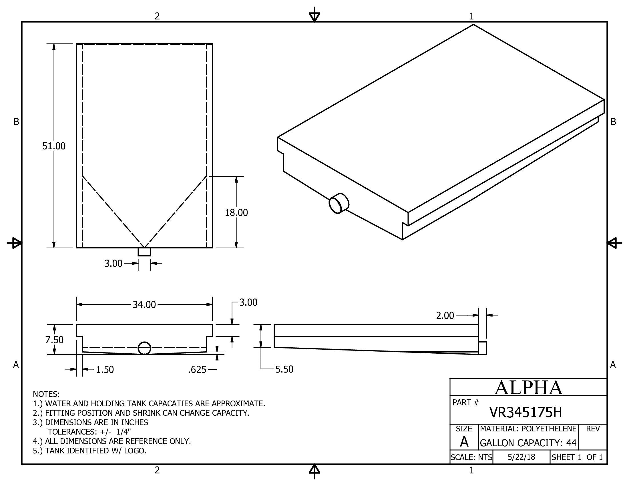 Alpha - 45 Gallons Holding Tank - 51" x 34" x 7 7/8" - VR345175HBLANK