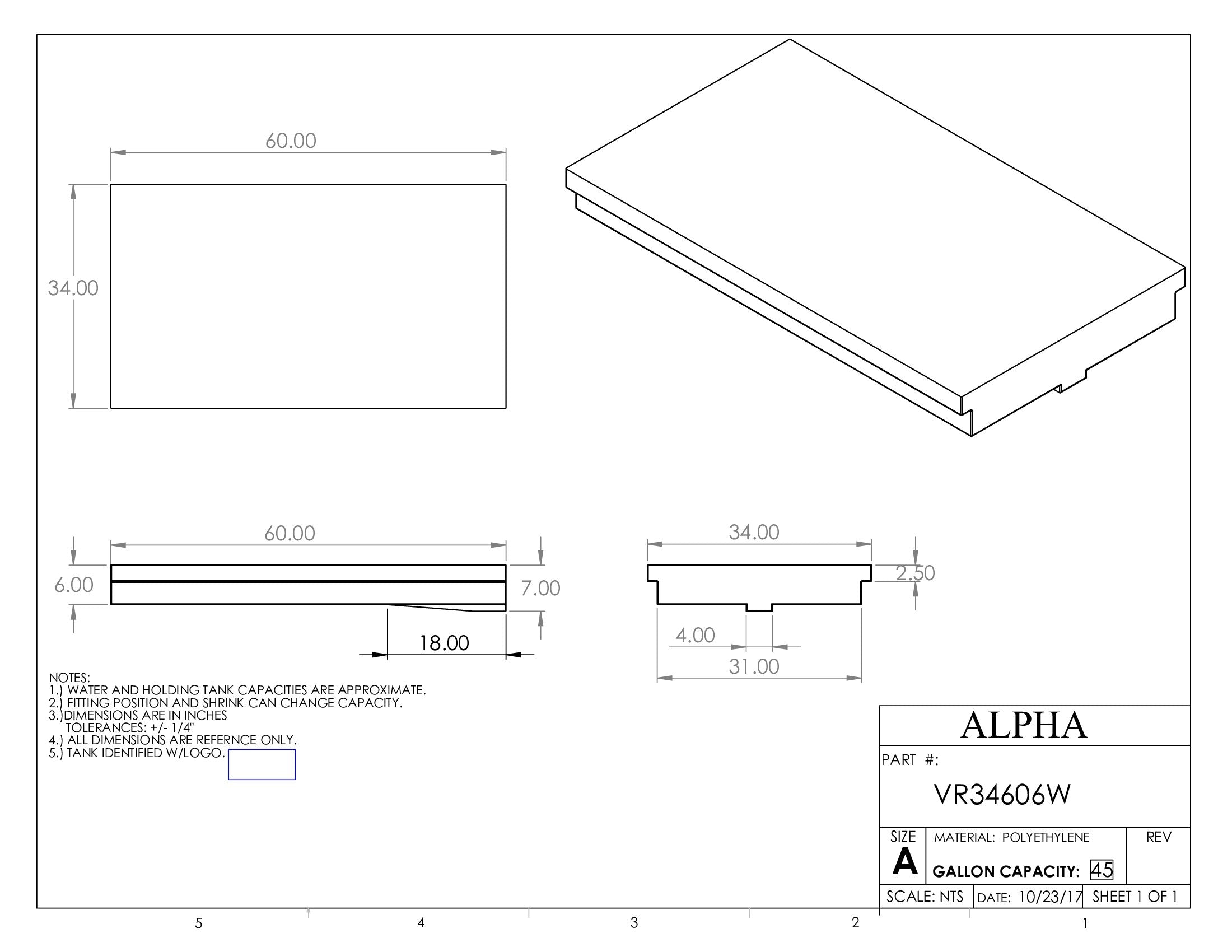 Alpha - 47 Gallons Fresh Water Tank - 60" x 34" x 7" * - VR34606WBLANK