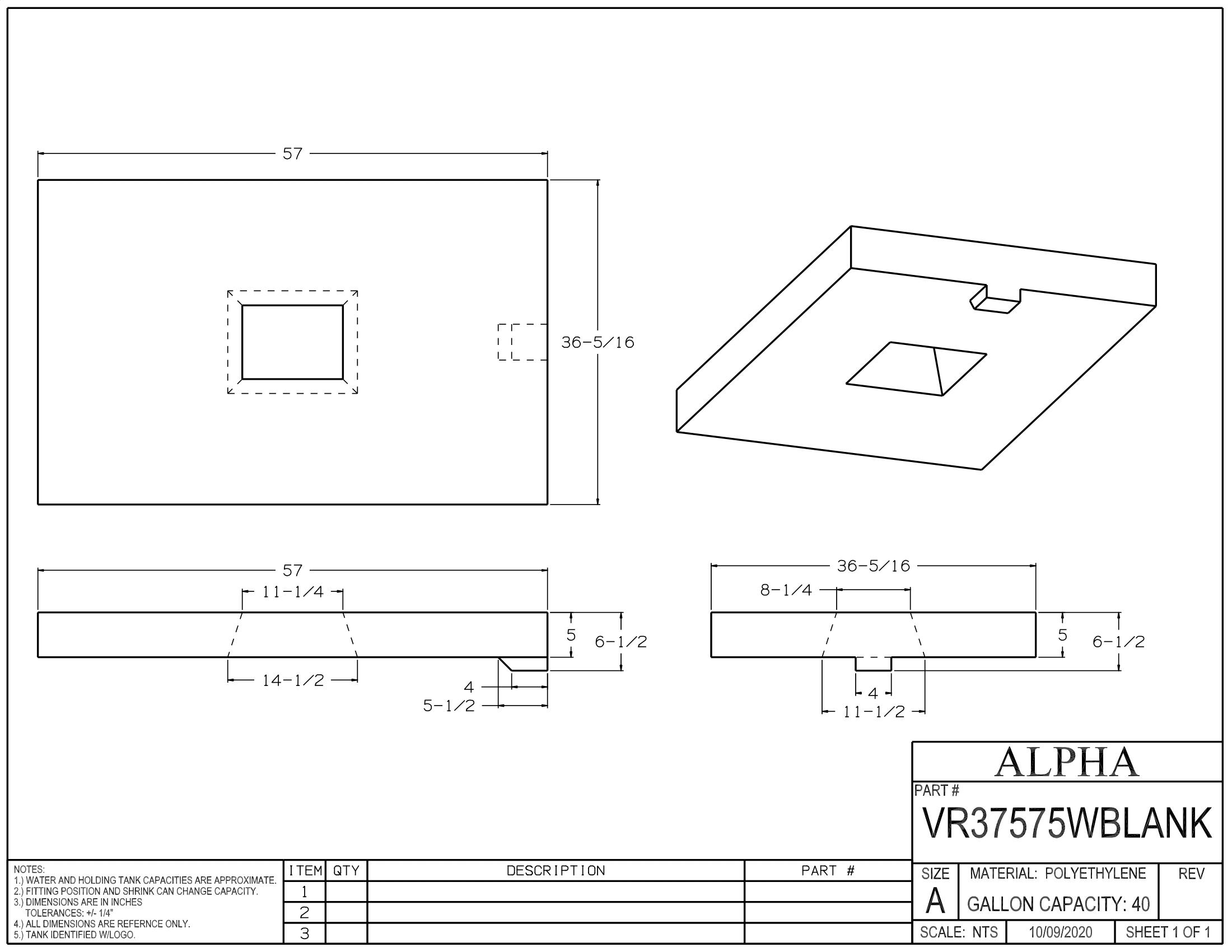 Alpha - 40 Gallons Fresh Water Tank - 57" x 36 5/16" x 6 1/2" * - VR37575WBLANK