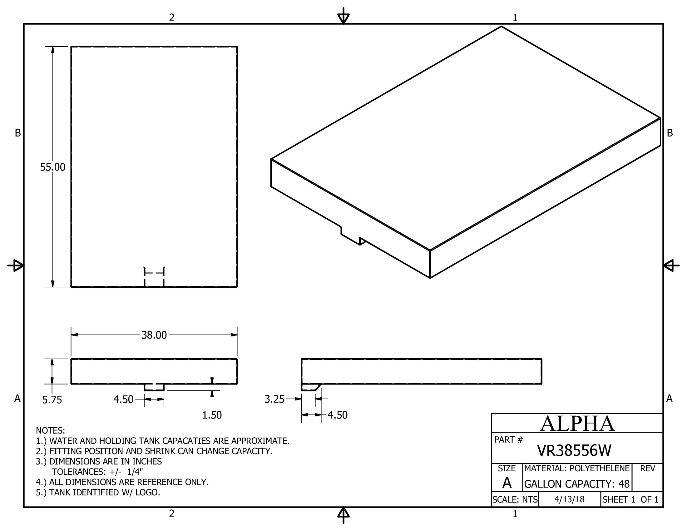 Alpha - 19 Gallons Fresh Water Tank - 55" x 38" x 6 1/4" * - VR385561WBLANK