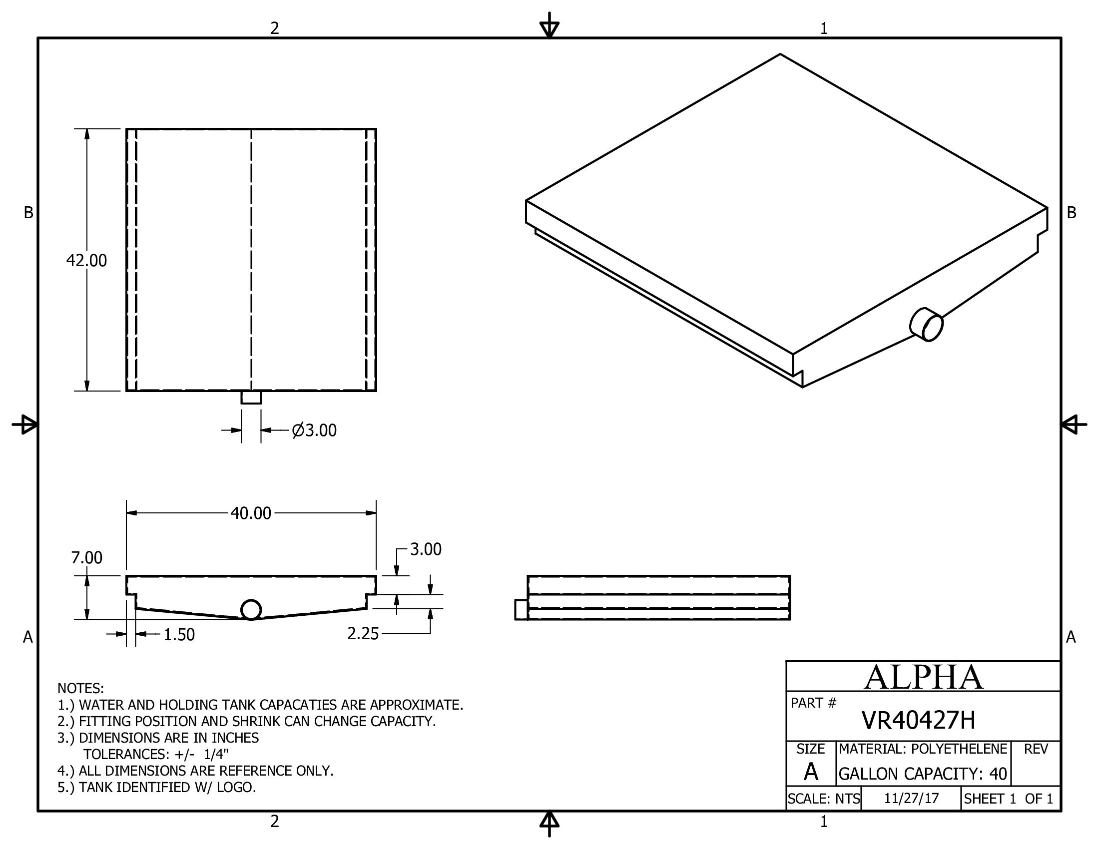Alpha - 40 Gallons Holding Tank - 42" x 40" x 7" - VR40427HBLANK