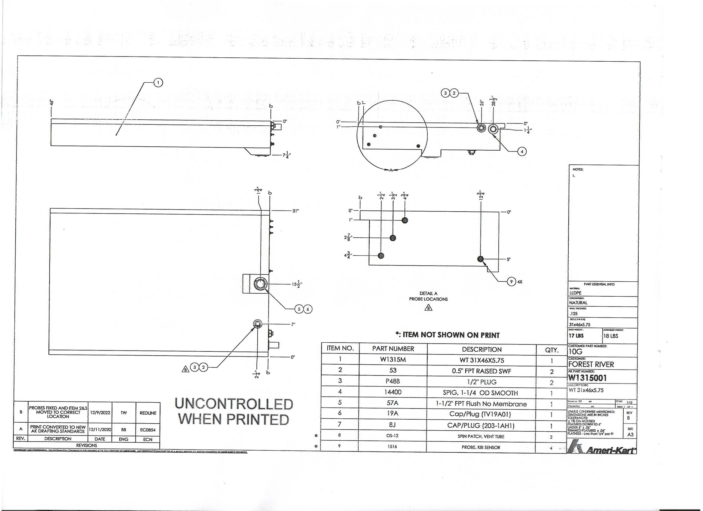 31 Gallon RV Fresh Water Tank 46x31x7 - AmeriKart W1315000 Blank Tank - FDA Approved Polyethylene