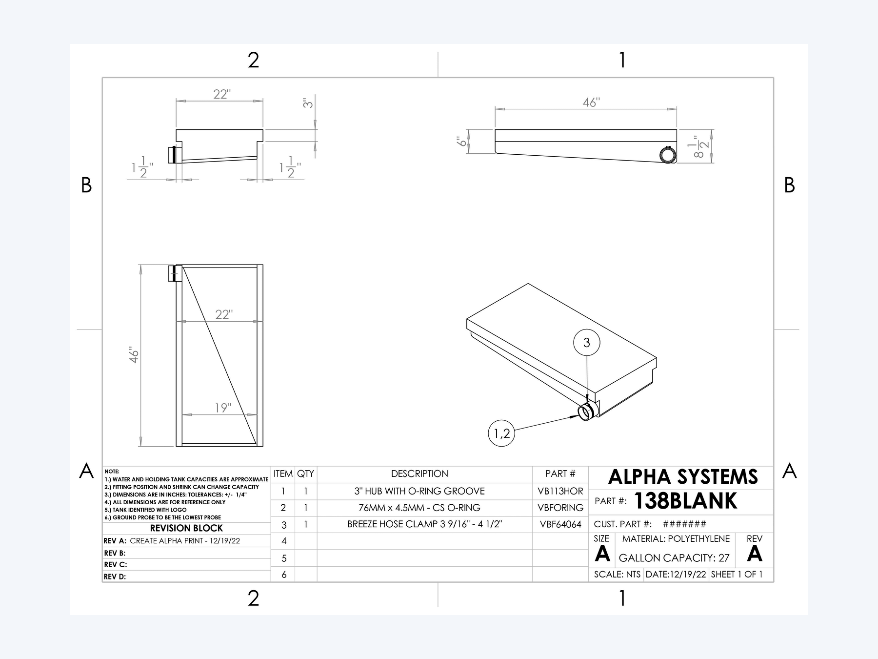 Alpha - 27 Gallon RV Holding Tank - 46" x 22" x 8.5" - 138BLANK - OEM Grade Black Water Tank (hero)