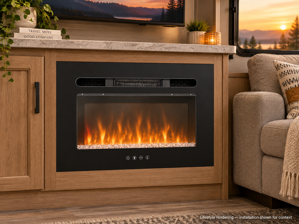 Covenant LFP26-CT 26 inch crystal electric RV fireplace — RV lifestyle rendering, installation shown for context