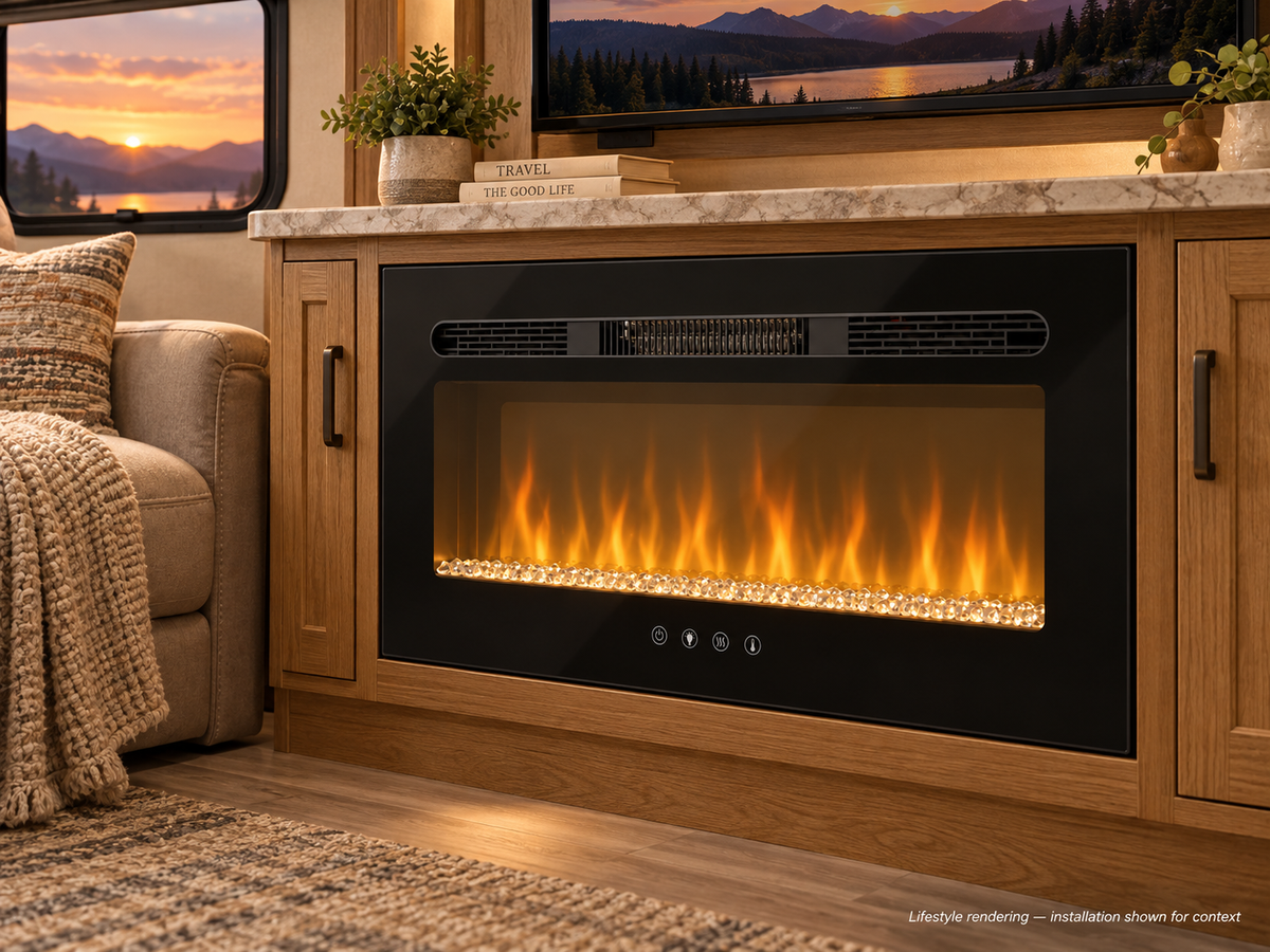 Covenant LFP30-CT 30 inch crystal electric RV fireplace — RV lifestyle rendering, installation shown for context