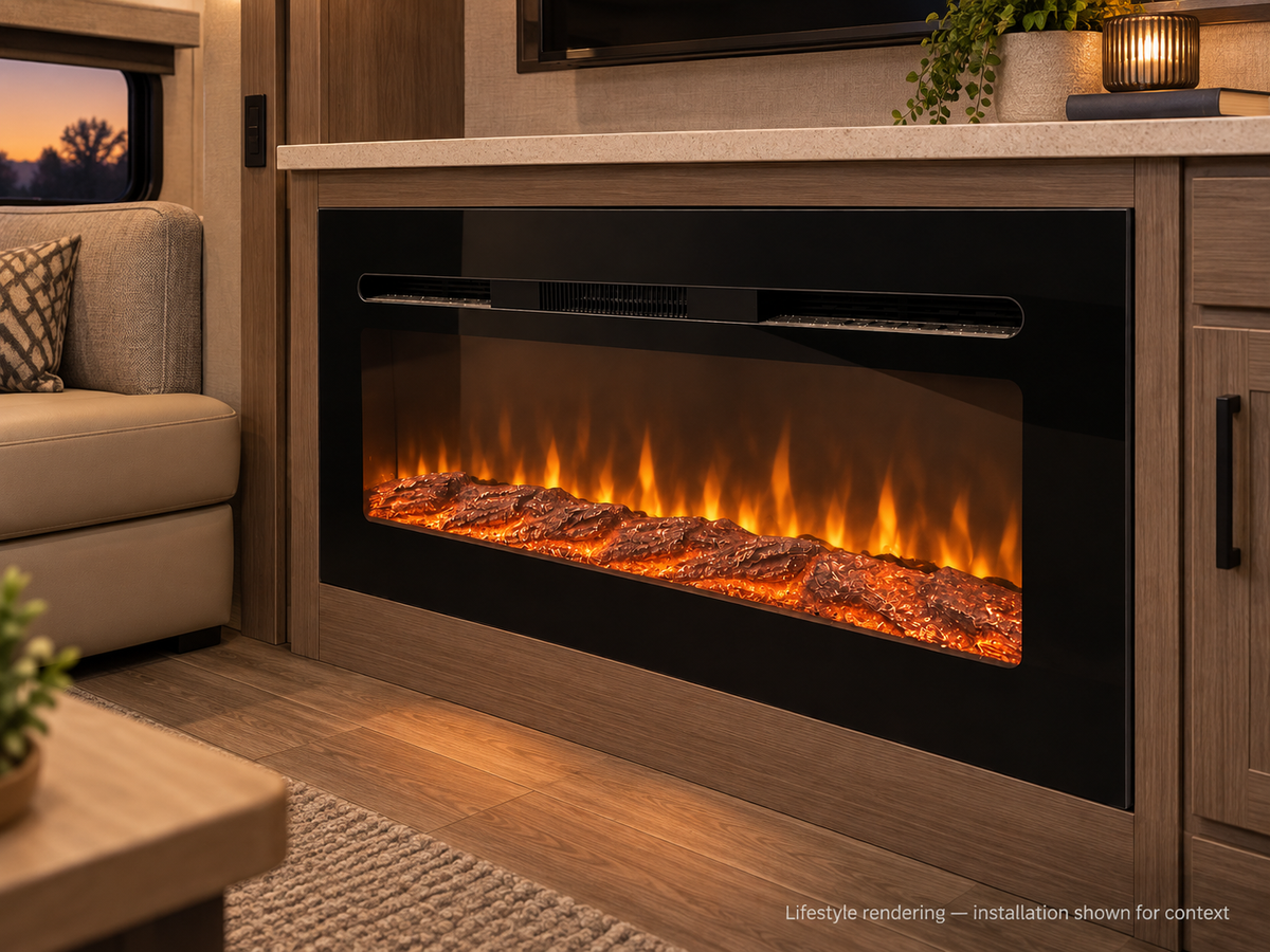 Covenant LFP36-LT electric RV fireplace lifestyle rendering
