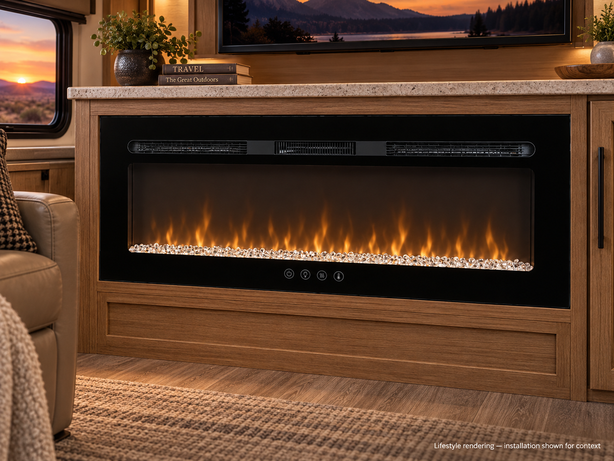Covenant LFP48-CT 48 inch crystal electric RV fireplace — RV lifestyle rendering, installation shown for context