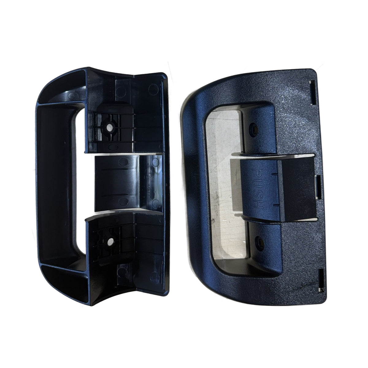 Dometic 38511740311 black refrigerator door handle combo kit, two handles shown front and back with PUSH latch lever