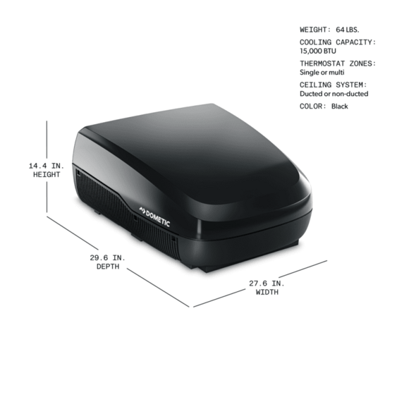 Dometic - FreshJet 3 Commercial Grade RV Rooftop Air Conditioner - 15,000 BTU - Mechanical Controls - Black - 26" x 13.87" x 29.63" - Part# 9610007865 top view
