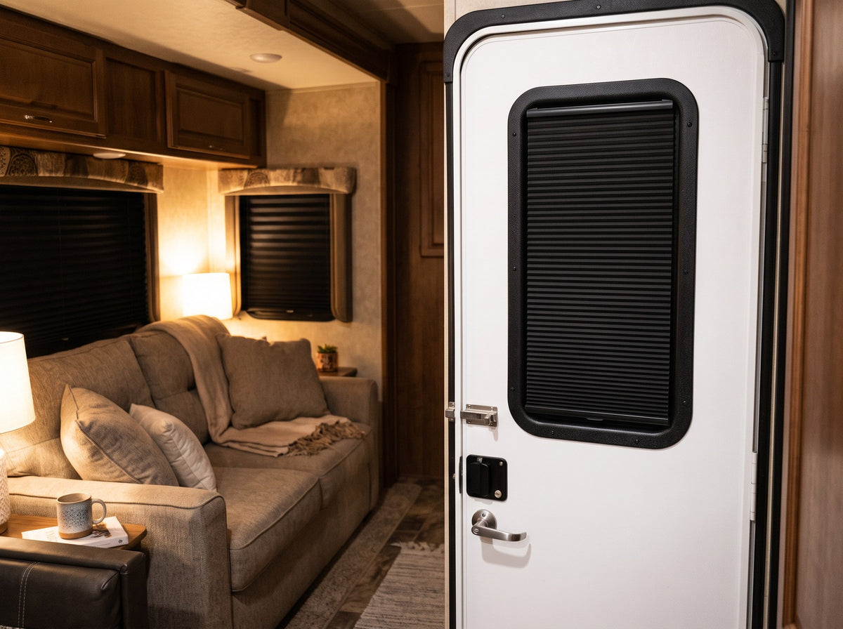 RV entry door window shade fully closed for privacy at night in a fifth wheel