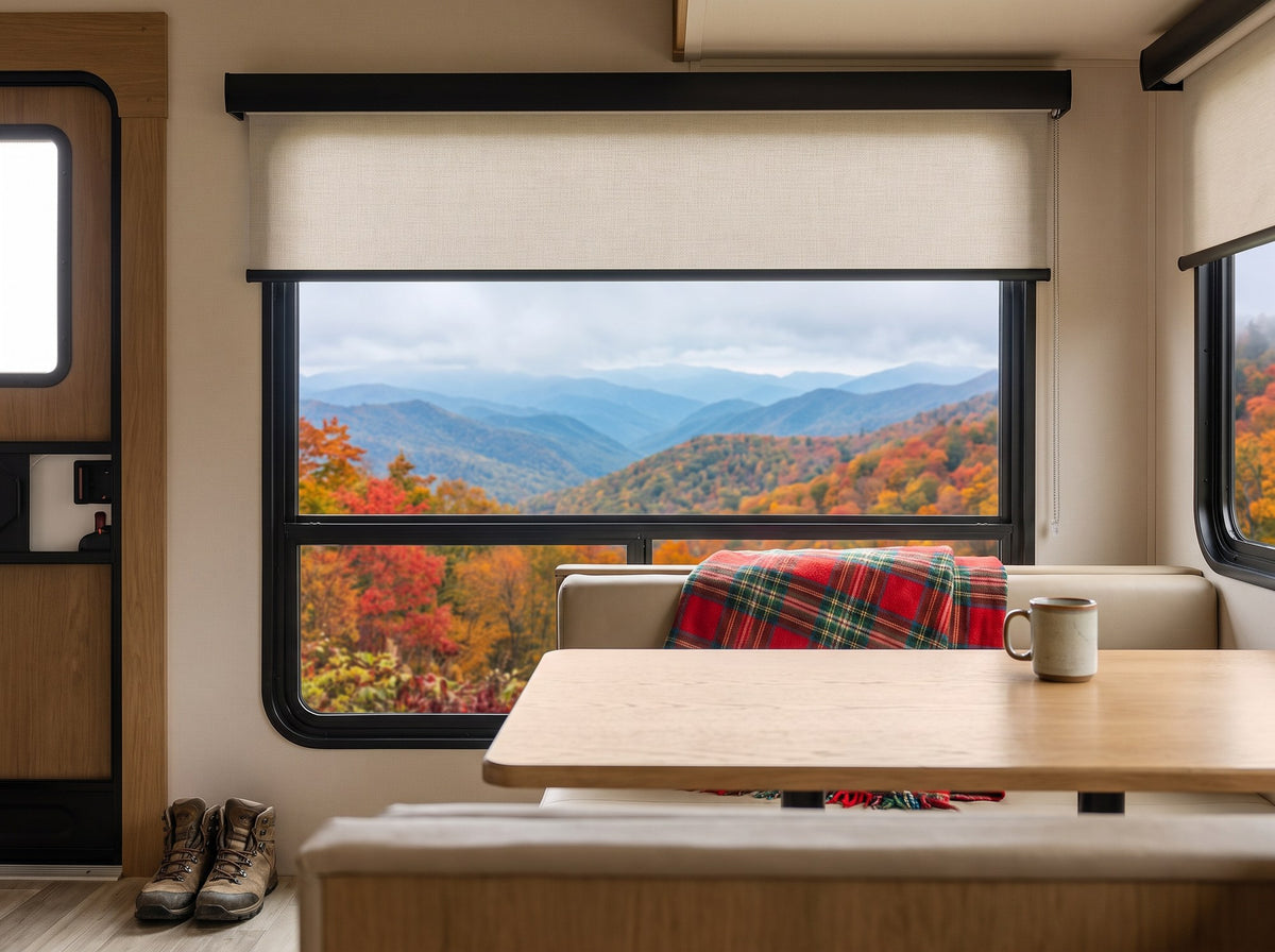 RV roller shade above a window full of Smoky Mountains fall color in a fifth wheel