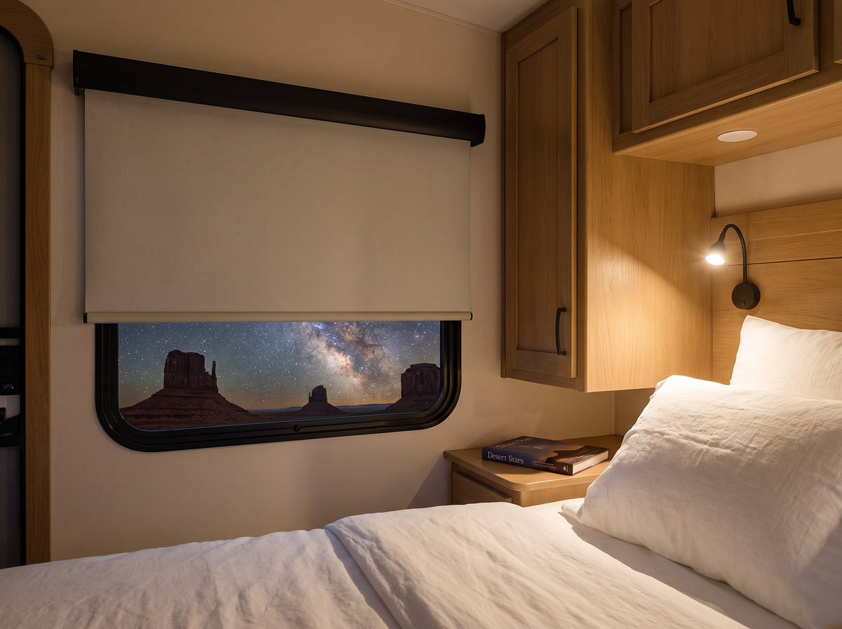 Blackout RV roller shade pulled down in an RV bedroom at night under desert stars
