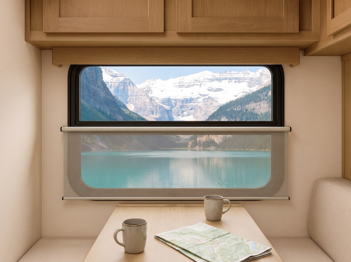 RV day/night roller shade with the solar screen half down over a glacier lake view