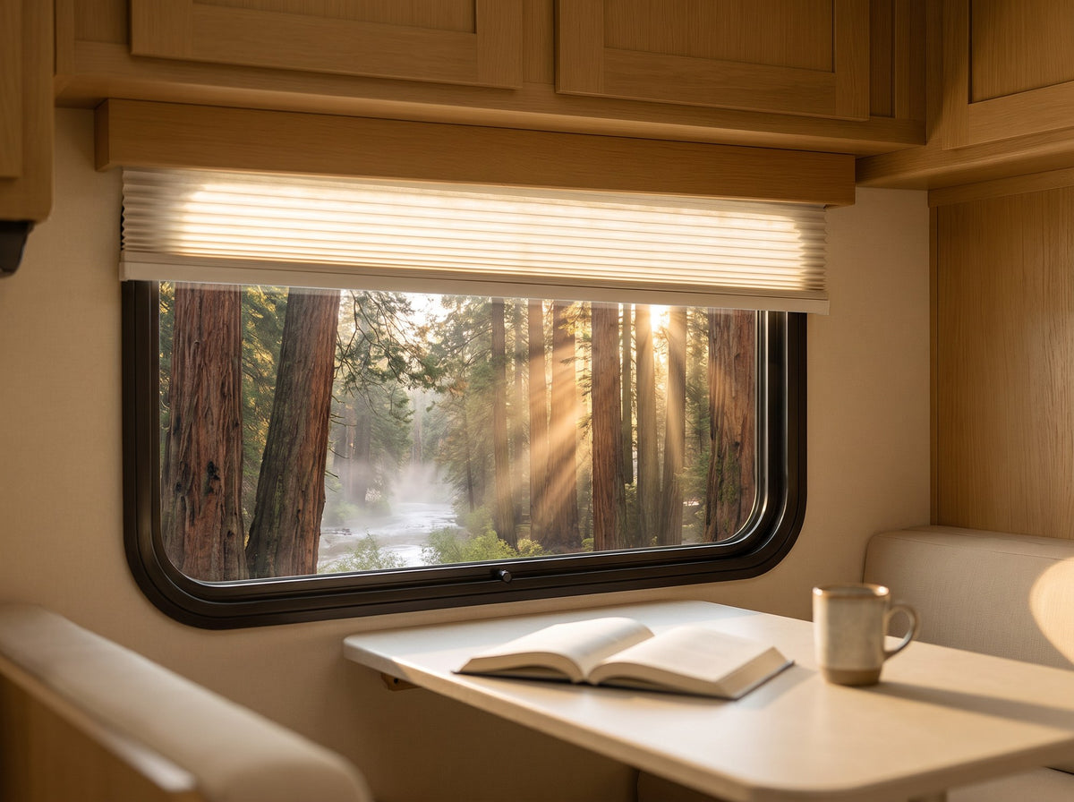 Light-filtering pleated RV shade over a window looking into a redwood forest
