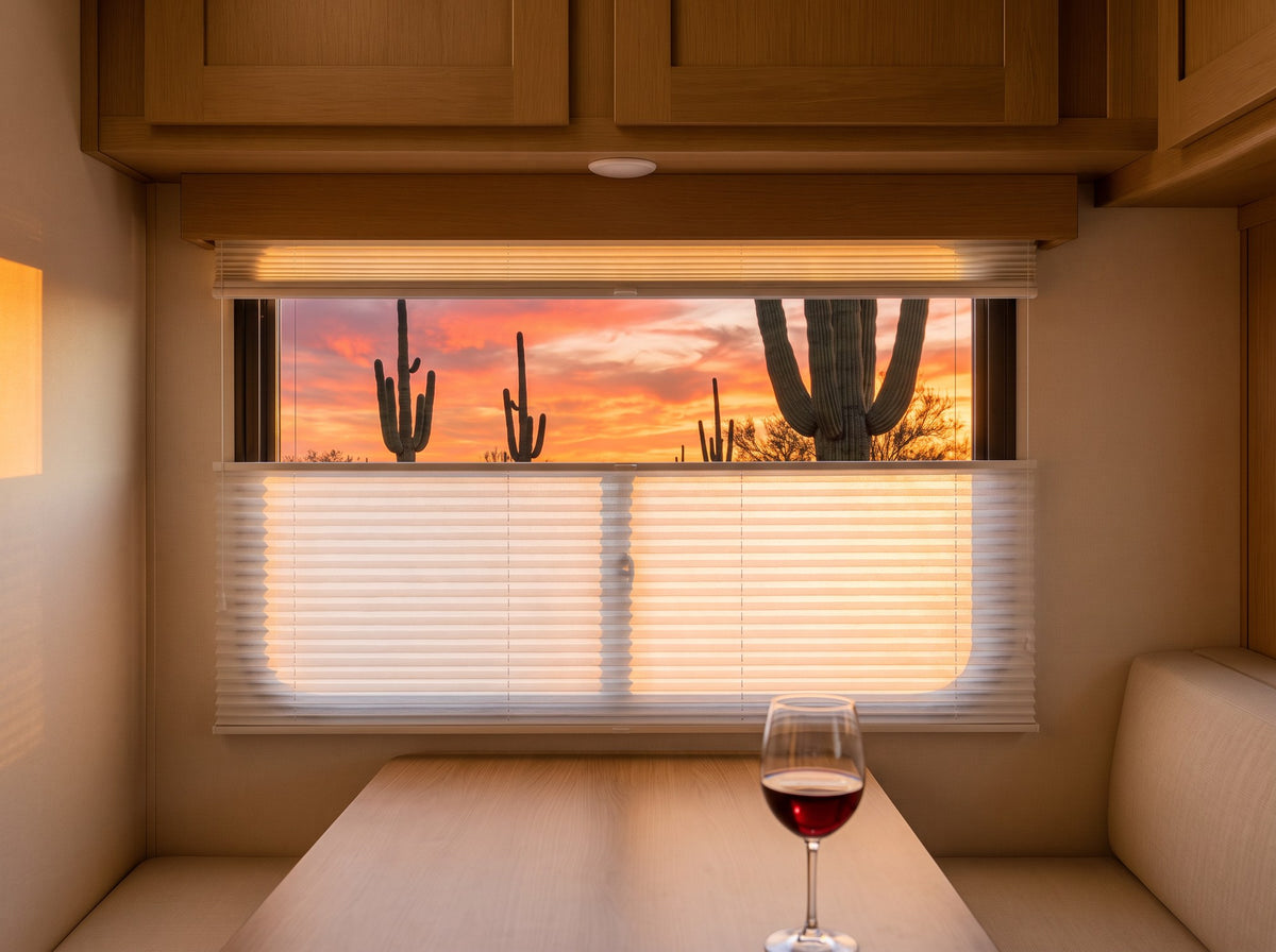 Pleated day/night RV shade with sheer lowered at sunset in the Arizona desert