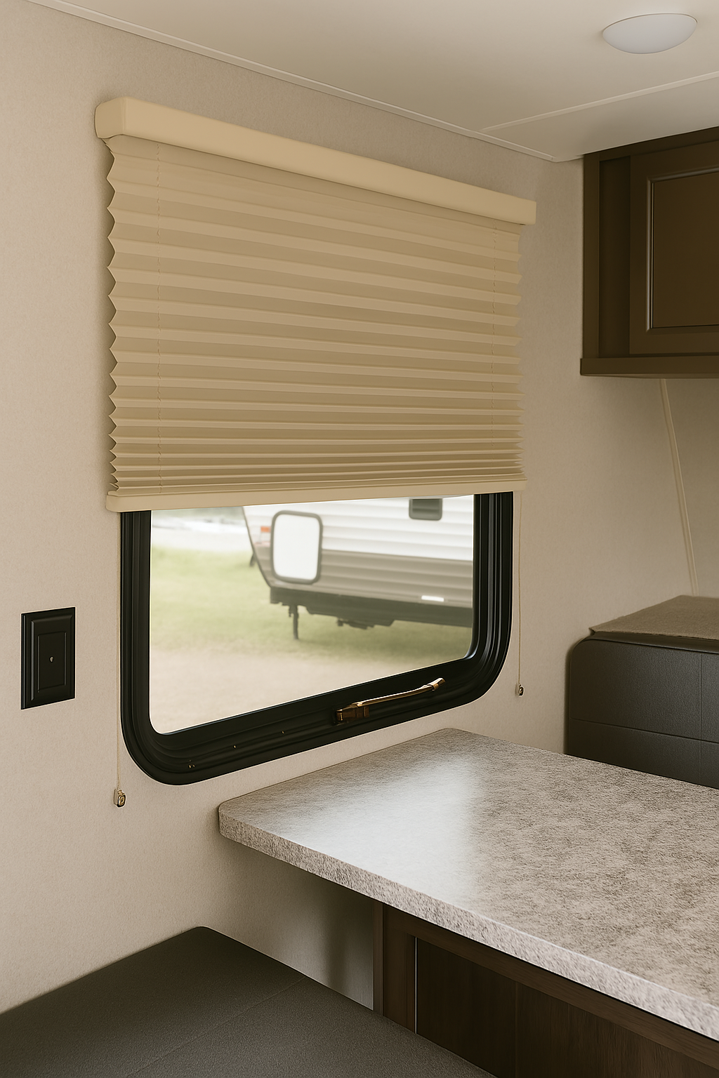 RV Pleated Window Night Shades - Suede Beige Color Woven Fabric - Genuine OEM Supplied - Custom Sizes