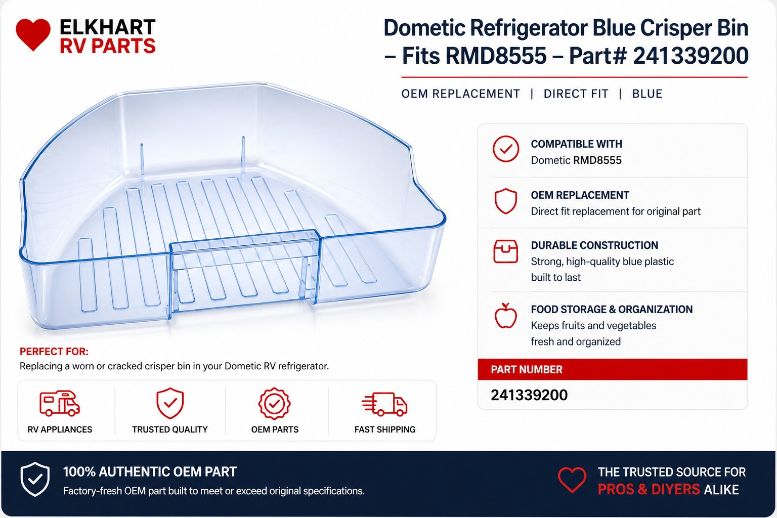 Dometic RMD8555 blue crisper drawer replacement bin - part 2413339200