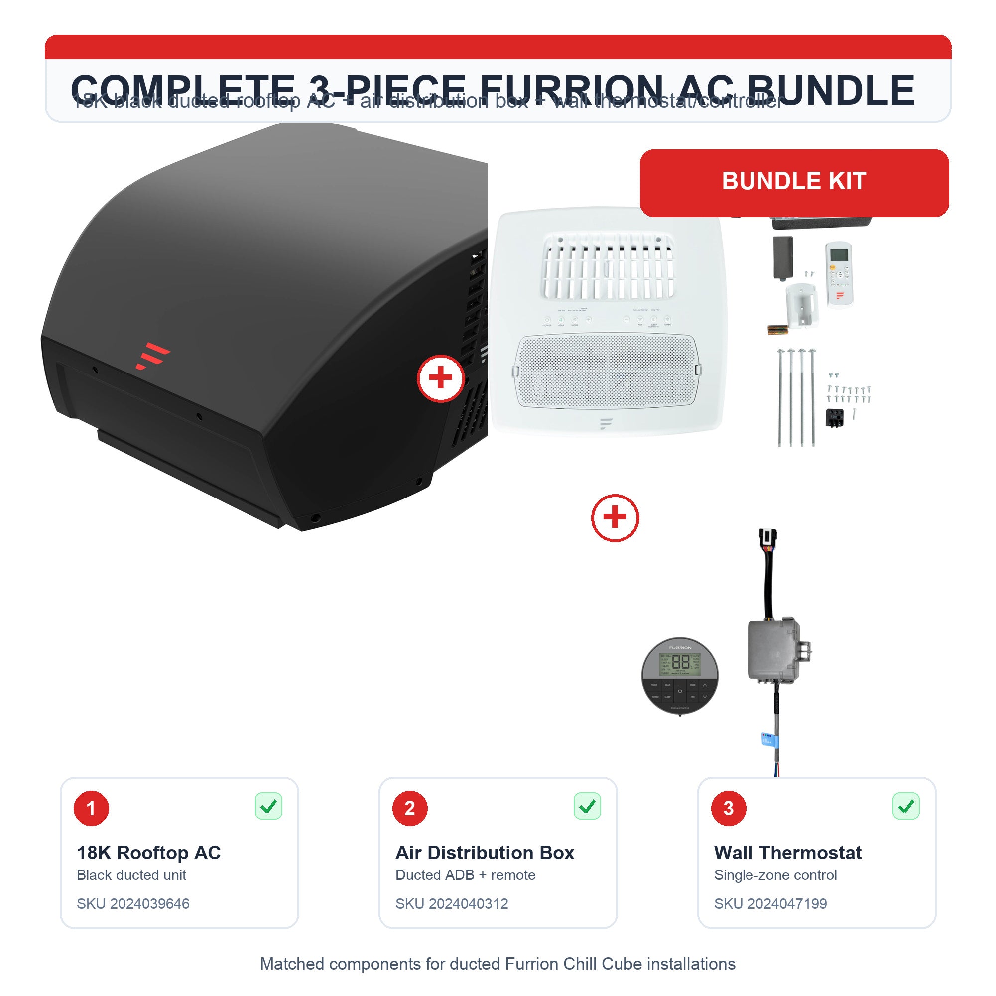 Complete 3-piece Furrion 18K Chill Cube black ducted RV AC bundle with rooftop unit, air distribution box, and thermostat