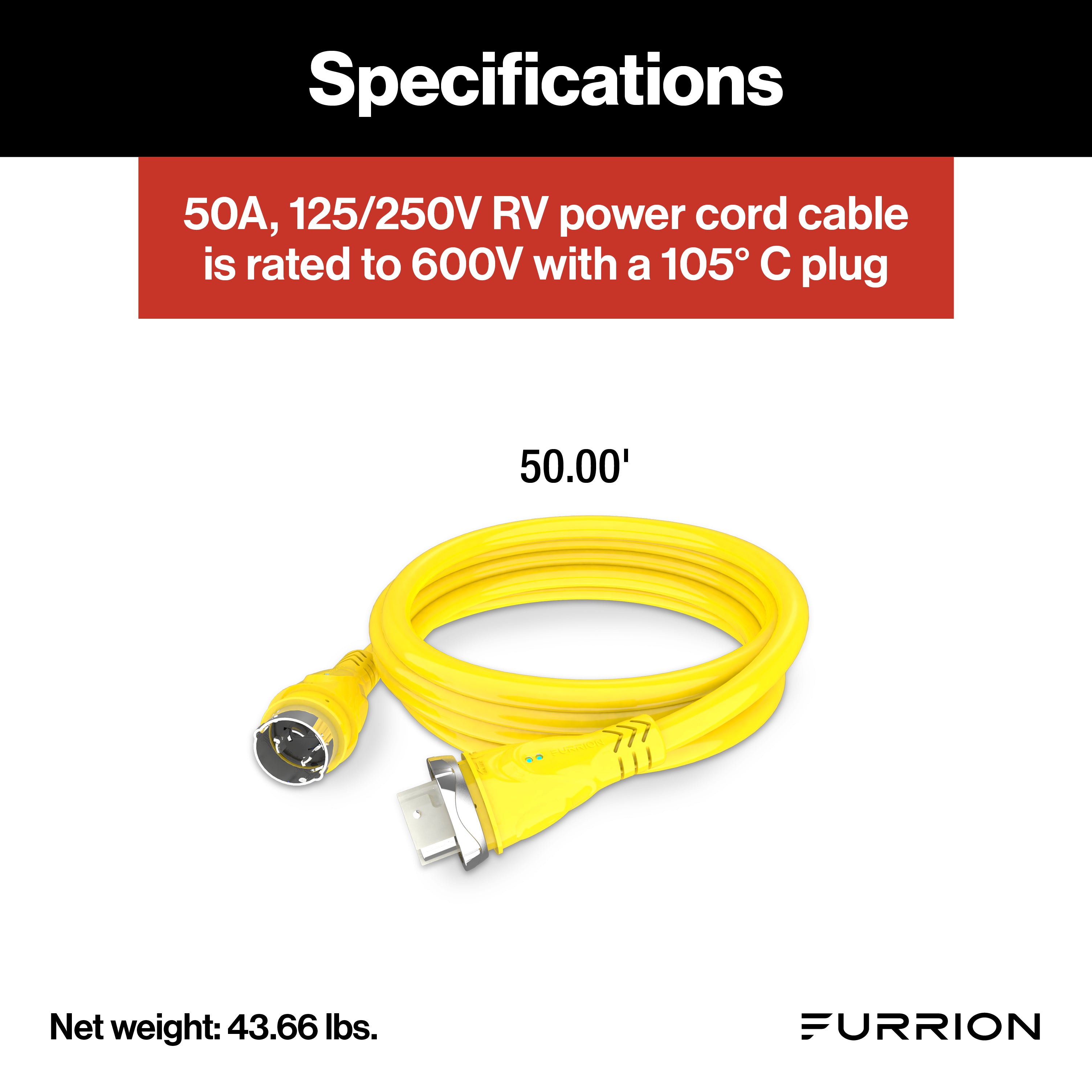 Furrion Powersmart 50' Rv Power Cord - 50A, 125/250V, Yellow #F50250-Sy-Am - Image 2