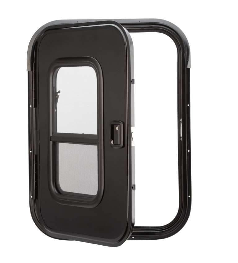Lippert - Challenger 805 Teardrop Trailer Entry Door With Window, 26” X 36” – Left Hinge (Black) - Image 1