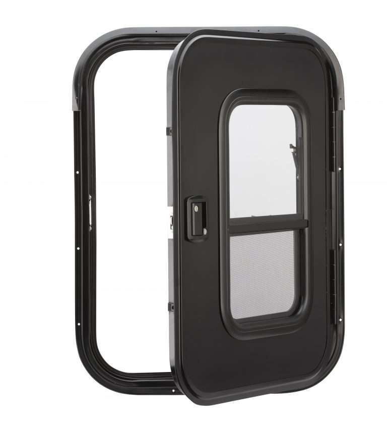Lippert - Challenger 805 Teardrop Trailer Entry Door With Window, 26” X 36” – Right Hinge (Black) - Image 1